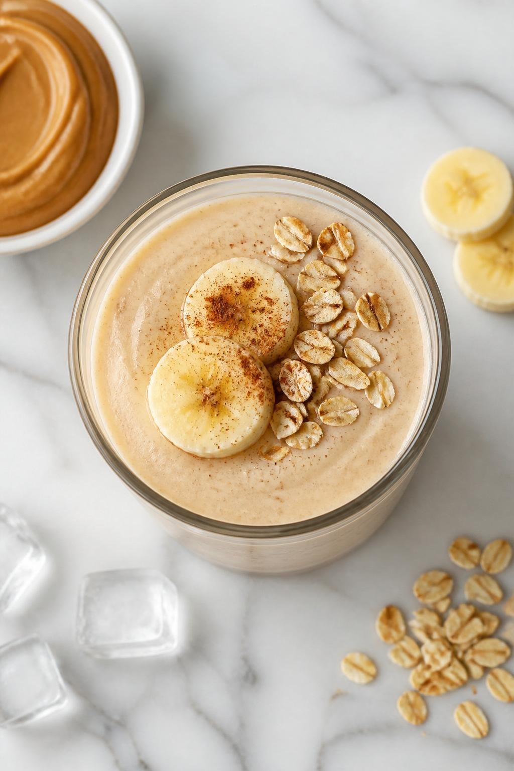 Realistic top-down editorial food photography of a creamy peanut butter cinnamon smoothie served in a clear glass on a clean white and gray marble countertop. The smoothie is pale tan, thick, and smooth, styled with peanut butter in a plain dish, banana slices, a small sprinkle of cinnamon, rolled oats, and a few ice cubes nearby. Natural window lighting, cozy breakfast smoothie styling, high detail, realistic thick texture, no people, no hands, no text, no watermarks, no props with writing.