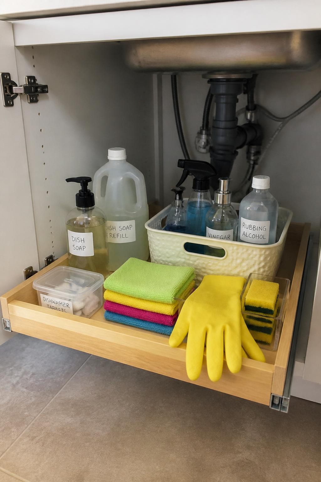 Image prompt: Open kitchen sink cabinet fitted with a simple pull-out lower shelf holding dish soap, dishwasher tablets, cleaning cloths, rubber gloves, spare sponges, and small cleaning bottles, photographed with natural iPhone photo quality, soft side lighting, realistic plumbing pipes visible, ordinary household cabinet interior, handwritten bottle labels where needed, no people, no visible brands, no watermarks on images.