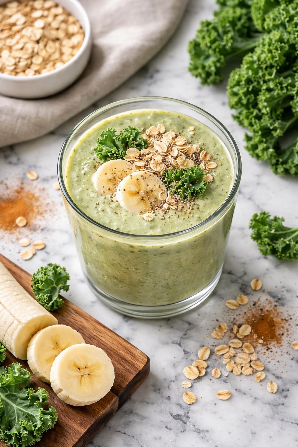 Realistic top-down editorial food photography of a thick kale oat breakfast smoothie in a clear glass on a white and gray marble countertop. The smoothie is pale green and creamy, styled with rolled oats, kale leaves, banana slices, and a small sprinkle of cinnamon nearby. Natural window lighting, cozy clean breakfast mood, realistic thick smoothie texture, high detail, no people, no hands, no text, no watermarks, no props with writing.