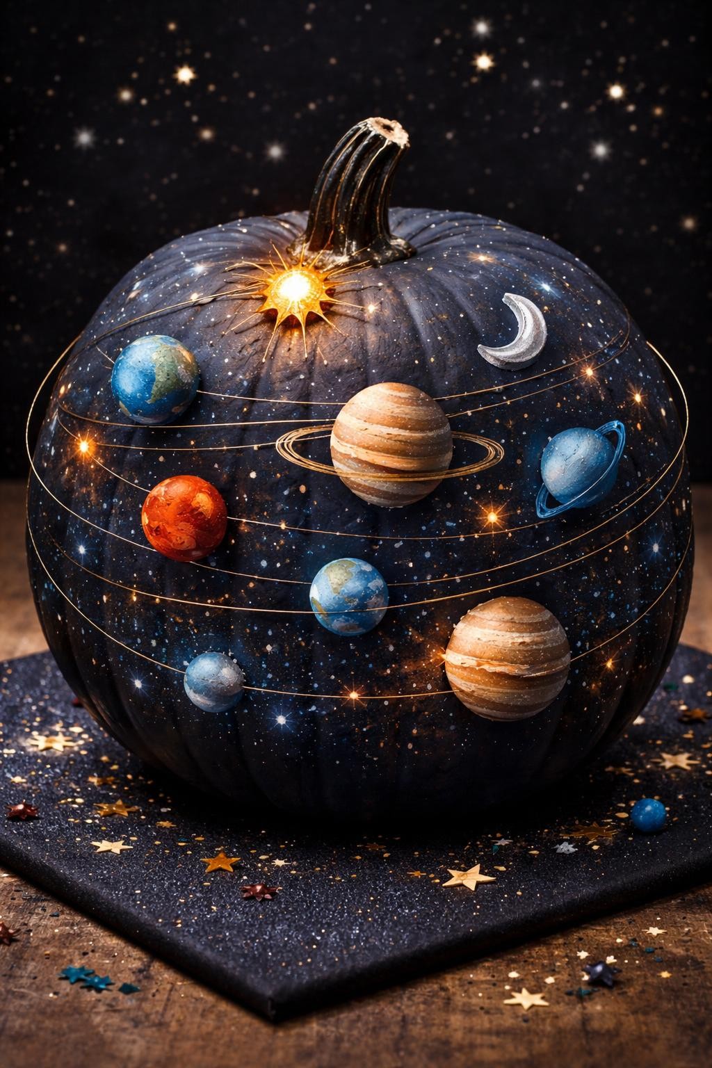 Image Prompt: A large dark navy pumpkin decorated as a glowing solar system, painted planets orbiting around the surface, tiny stars, metallic silver moon, golden sun attached near the stem, thin wire orbit rings, small planet labels omitted, displayed on black paper with glitter stars, realistic DSLR photography, detailed science fair style, no people, no text.