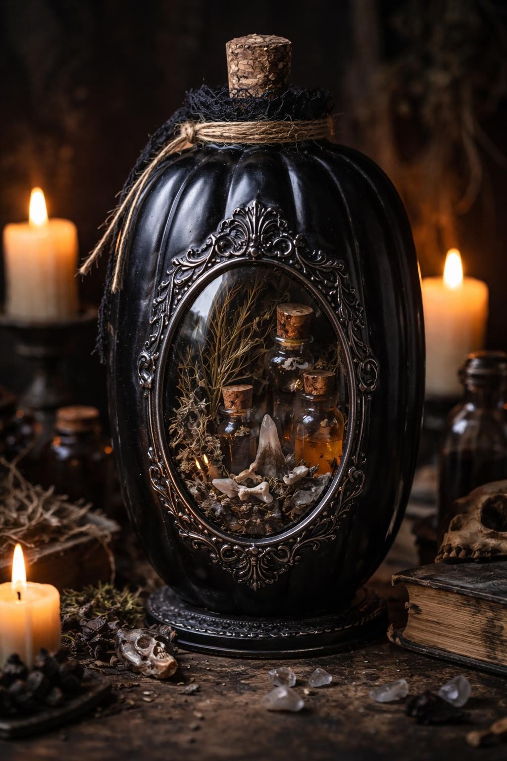 Image Prompt: A tall black fake pumpkin transformed into a gothic apothecary jar, glass-like oval window showing dried herbs, tiny bones, crystals, and potion bottles inside, ornate silver label frame with no readable text, cork-style stem lid, black lace and twine wrapped around the neck, moody candlelit tabletop, realistic DSLR photography, detailed spooky craft styling, no people, no readable text.