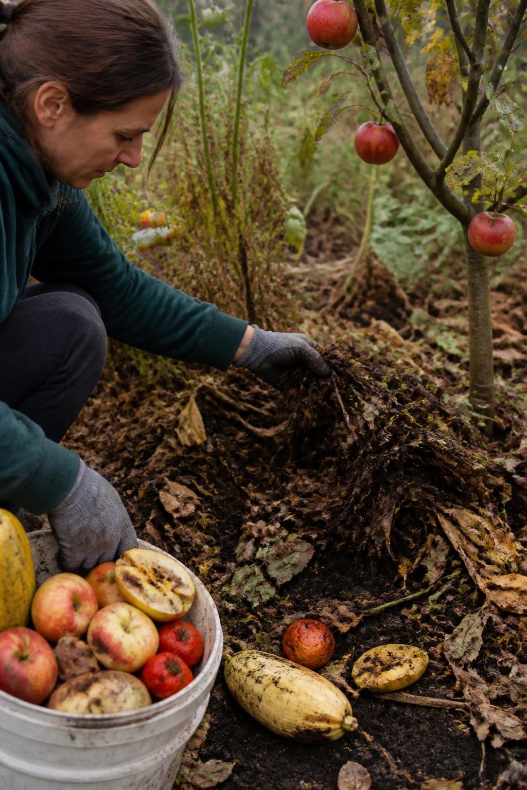 Image Prompt: A realistic fall cleanup beneath vegetable plants and a small fruit tree, showing a gardener collecting fallen apples, damaged tomatoes, and rotting squash from the soil into a bucket, one split fruit revealing minor insect damage, nearby mulch being gently lifted to inspect for slugs and pest hiding places, fallen leaves and faded garden foliage around the area, soft overcast light, practical pest-prevention scene, natural produce imperfections, documentary DSLR photography, 50mm lens, highly detailed, no text.