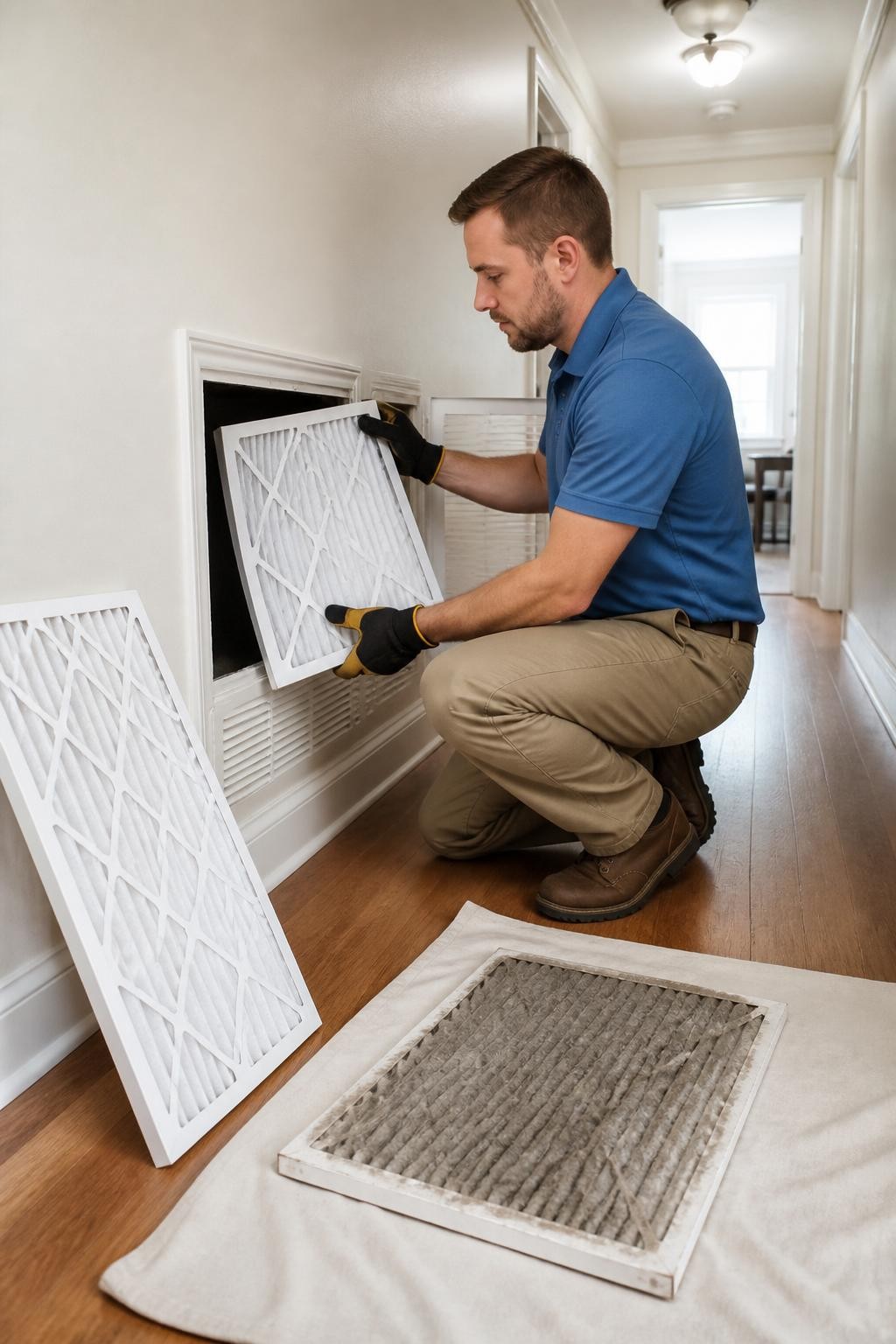 Image Prompt: A realistic home maintenance photograph showing a man replacing a rectangular HVAC air filter inside a hallway return vent, with a new clean filter beside him and the dusty old one placed carefully on a protective sheet, smoke detector visible on the nearby ceiling, bright natural hallway light, neutral walls, wooden floor, accurate hands and tool use, realistic filter texture and dust level, professional DSLR photograph with a 50mm lens, sharp practical editorial style, believable home environment, no visible product branding, no written instructions, no watermarks on images.