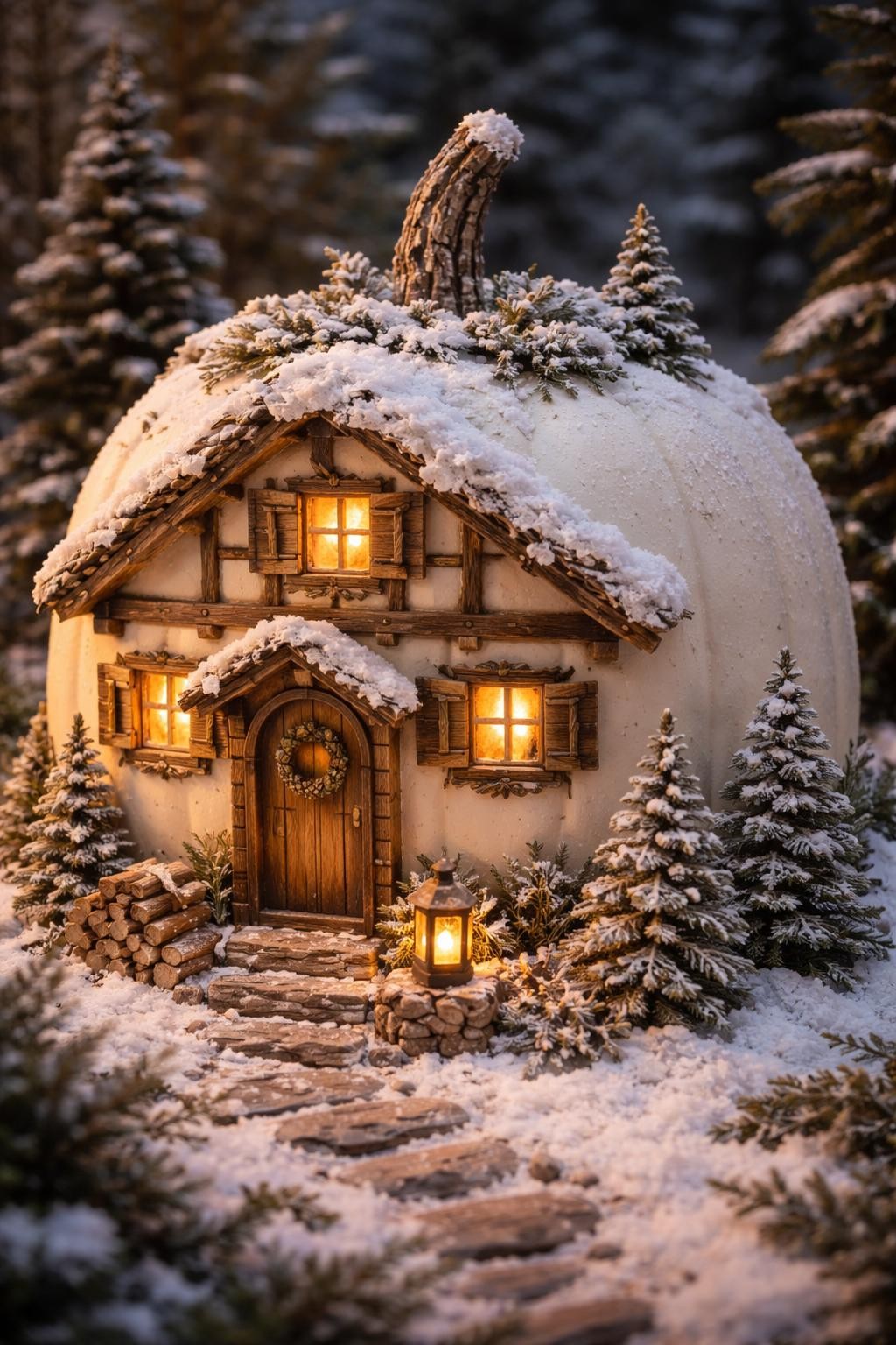 Image Prompt: A large white pumpkin transformed into a miniature snow-dusted alpine chalet, warm wooden door, tiny shuttered windows glowing amber, painted timber beams across the white surface, faux snow gathered around the stem and roofline, miniature pine trees, stacked firewood, lantern, and stone path at the base, cozy early-winter setting, soft evening light, realistic DSLR photography, detailed handcrafted scene, no people, no text.