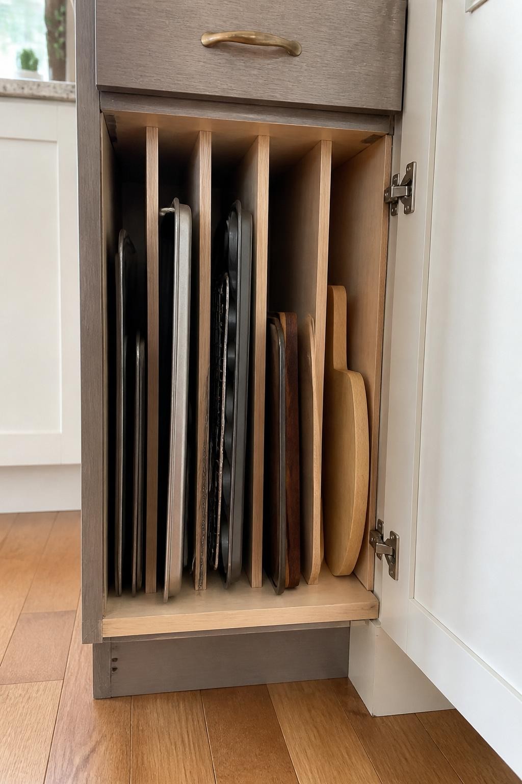 Image prompt: Narrow kitchen cabinet fitted with vertical wooden dividers holding baking trays, chopping boards, cooling racks, muffin tins, and serving boards upright, photographed with natural iPhone photo quality, bright indirect daylight, realistic wood and metal textures, ordinary home kitchen cabinetry, slightly varied item heights, no people, no watermarks on images.