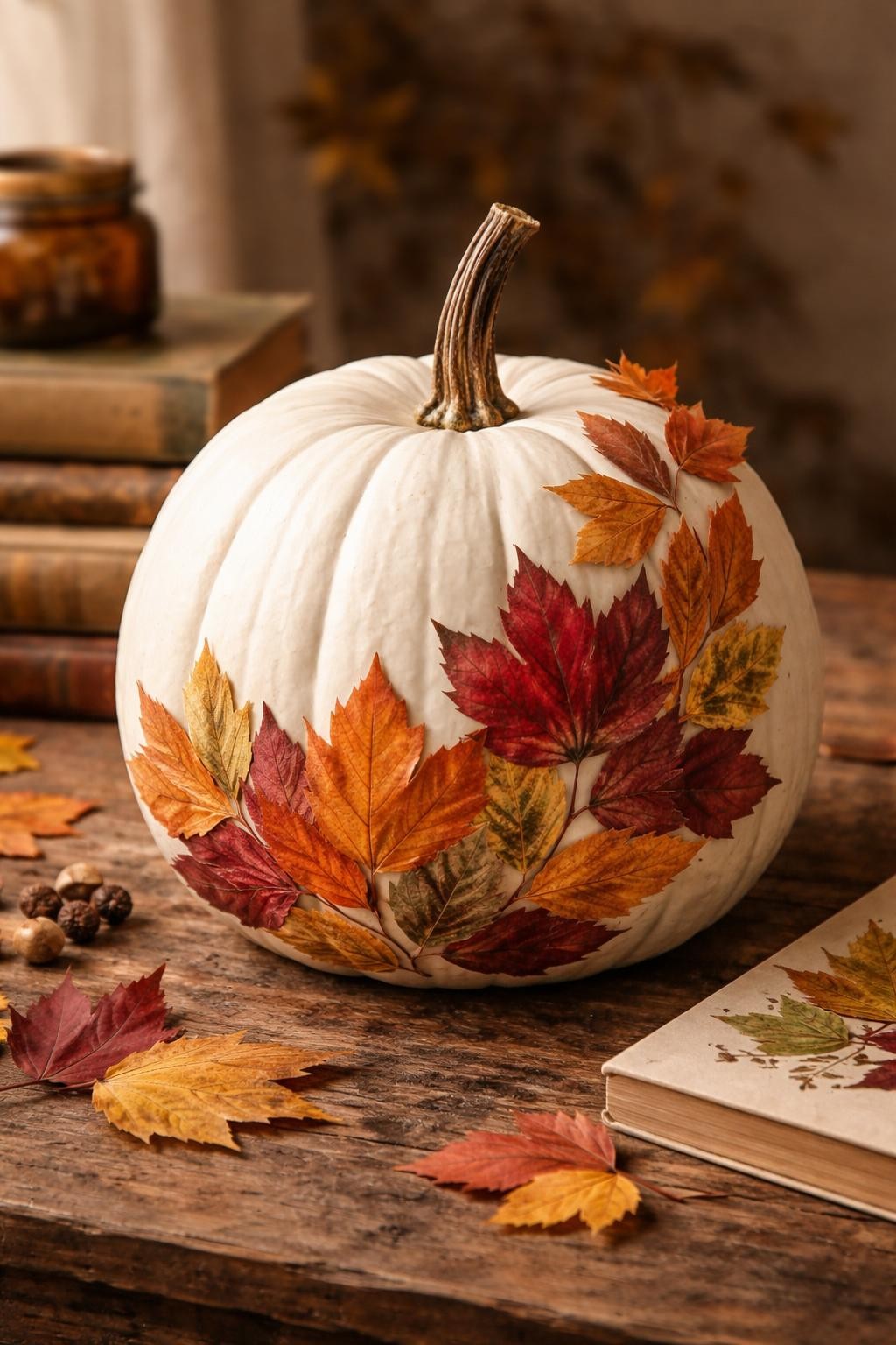 Image Prompt: A natural white pumpkin covered with carefully arranged pressed autumn leaves in deep red, amber, burnt orange, olive, and golden yellow, leaves overlapping lightly along the lower half and climbing one side, visible veins and realistic dried edges, slender brown stem, displayed on a rustic wooden table with botanical books and loose leaves, warm natural light, realistic DSLR photography, editorial craft styling, no people, no text.