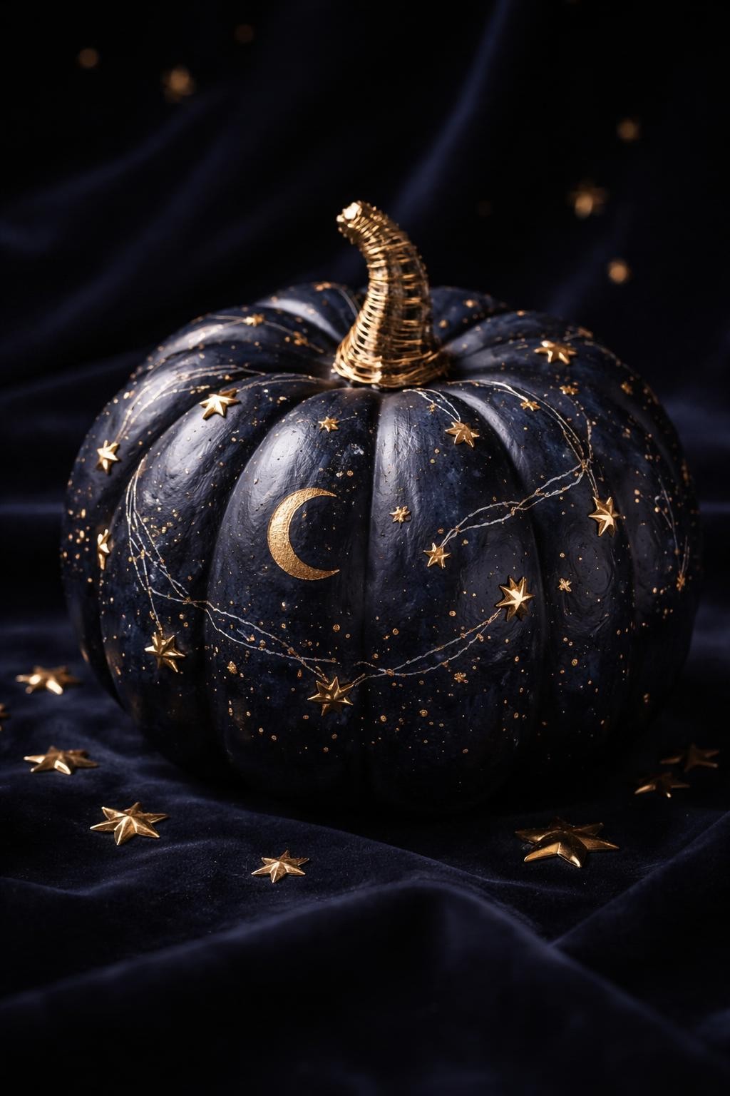 Image Prompt: A deep midnight-blue pumpkin painted with delicate metallic-gold constellations, crescent moons, shooting stars, and tiny scattered dots, raised gold stars attached lightly to several ridges, stem wrapped in thin gold cord, displayed on dark velvet with small brass stars around the base, dramatic soft lighting, realistic DSLR photography, elegant celestial finish, no people, no text.