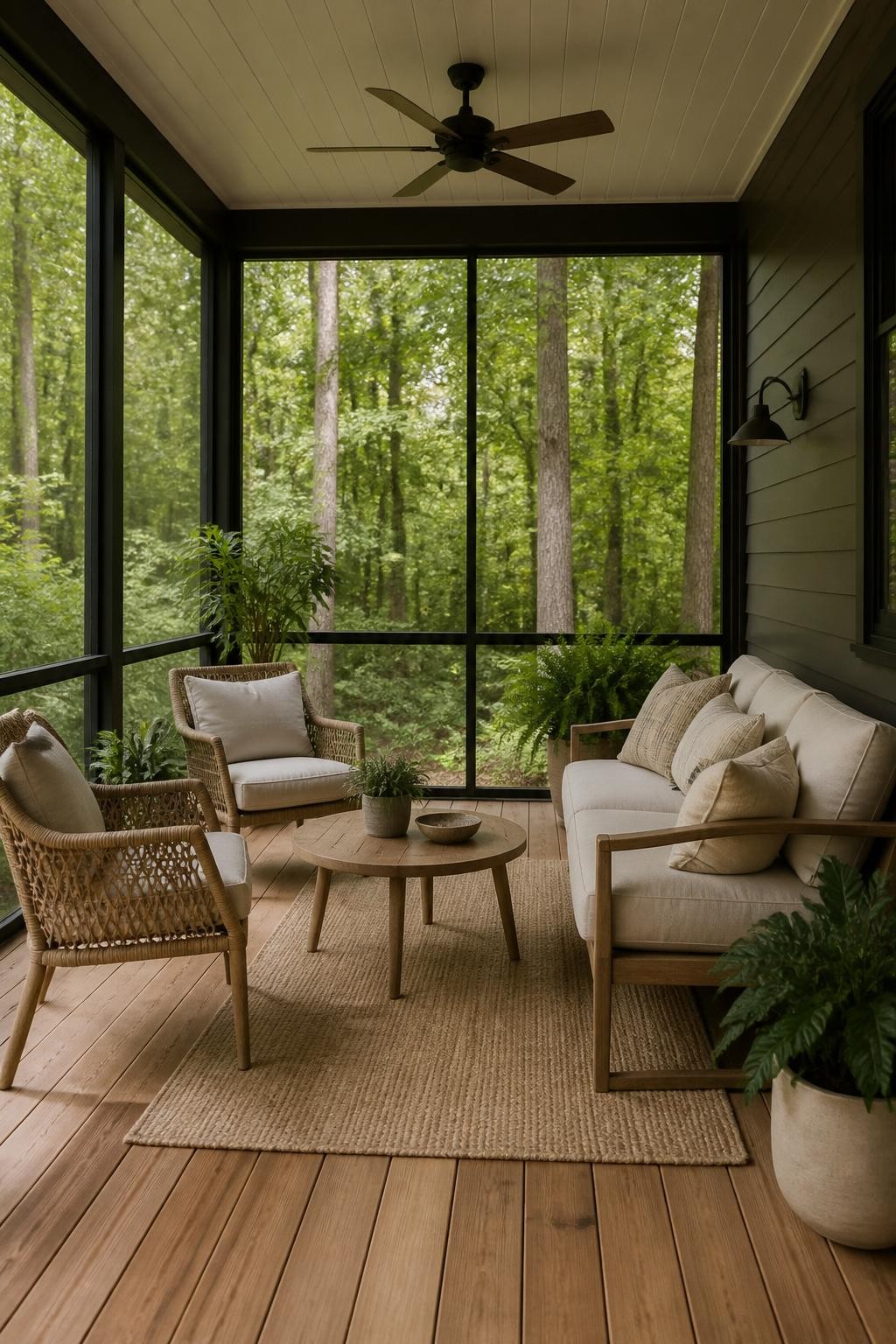 Image Prompt: A warm screened in patio with natural wood flooring, simple outdoor sofa with cream cushions, woven lounge chairs, potted plants, neutral rug, white ceiling, black screen frames, soft wooded backyard view, calm and natural outdoor living space, no people, realistic DSLR image, no text, no watermarks on images.