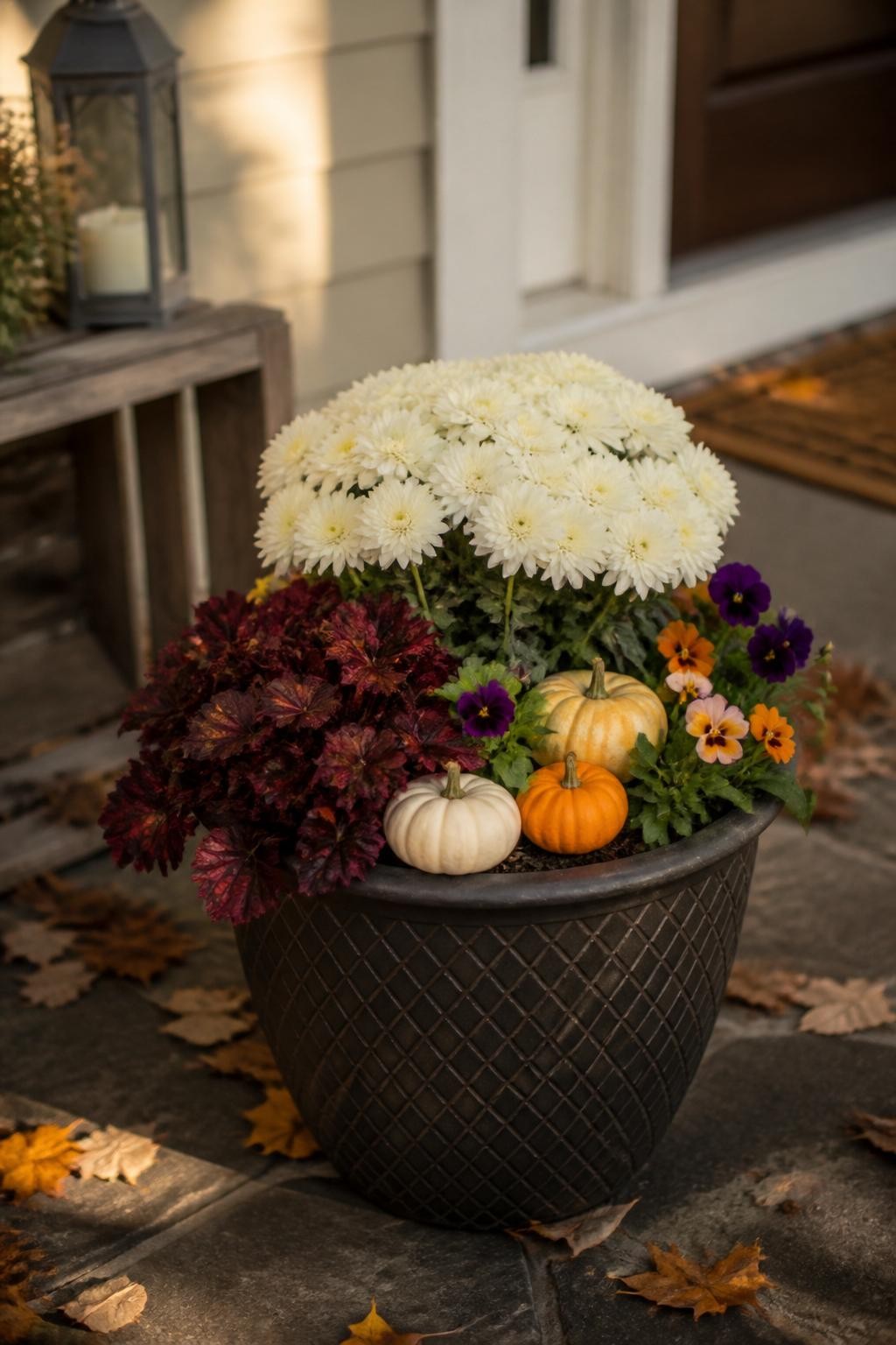 Image Prompt: A realistic fall porch container featuring a full cream chrysanthemum, orange and purple violas, burgundy heuchera, and small natural white and pale orange mini pumpkins nestled carefully on top of the soil between the plants, no pumpkins attached to stems, weathered wooden crate and lantern softly blurred nearby, natural scattered leaves, warm evening sunlight, inviting but not overly staged residential porch, realistic plant spacing and pumpkin texture, human DSLR photography, 50mm lens, no text.
