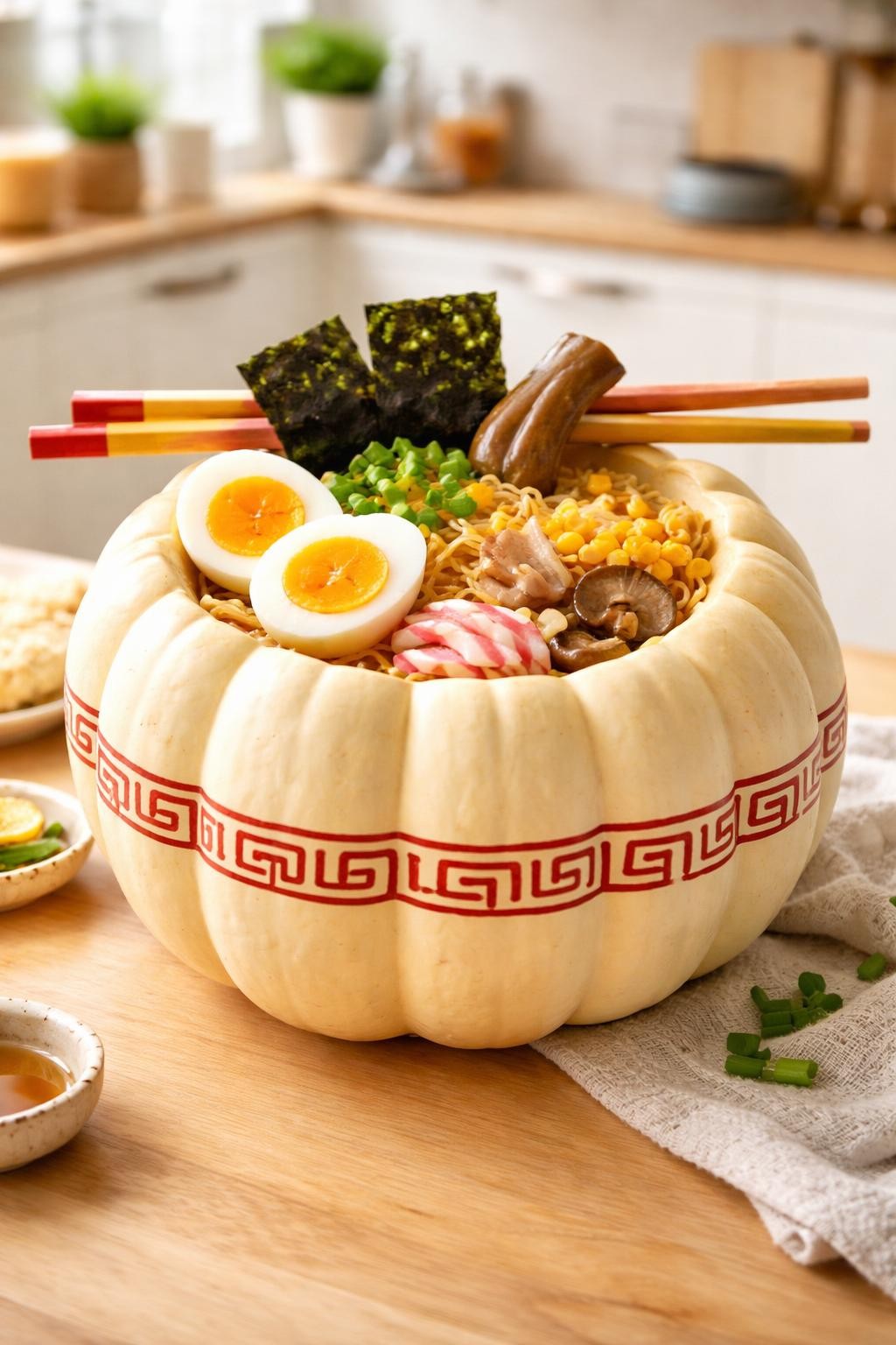 Image Prompt: A wide cream foam pumpkin transformed into a playful ramen bowl, top carved open and filled with realistic curly noodle strands, halved soft-boiled egg, mushrooms, green onions, seaweed, corn, and sliced vegetables made from clay, oversized chopsticks resting across the top, red decorative bowl pattern painted around the sides, bright modern kitchen styling, realistic DSLR food-style craft photography, no people, no readable text.
