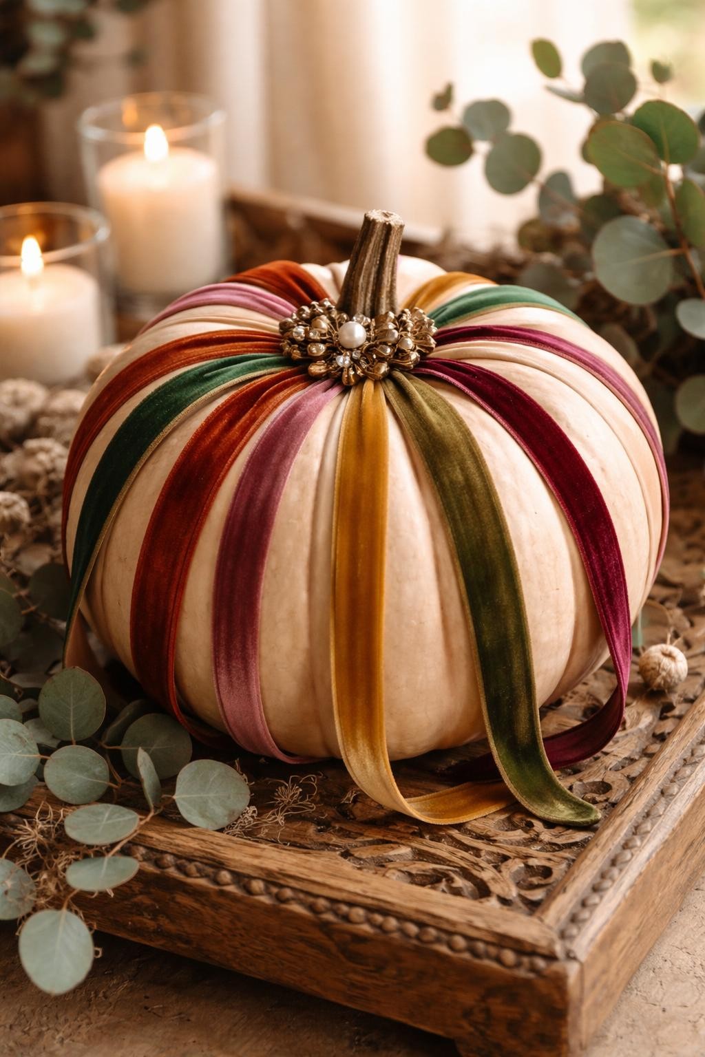 Image Prompt: A natural cream pumpkin decorated with narrow velvet ribbons running neatly along every ridge, alternating shades of rust, forest green, mustard, burgundy, and dusty rose, ribbon ends gathered around the stem with a small antique brooch, soft matte texture, styled on a carved wooden tray with eucalyptus and candles, warm natural daylight, realistic DSLR craft photography, refined detailed finish, no people, no text.