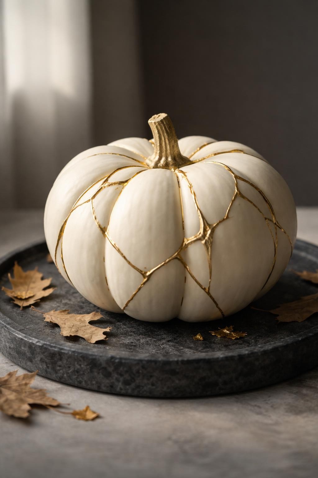 Image Prompt: A smooth natural white pumpkin decorated in Japanese kintsugi style, irregular fine cracks painted in raised metallic gold flowing across the surface and following the pumpkin ridges, short stem painted antique gold, a few tiny gold leaf fragments near the base, displayed on a dark charcoal stone tray with scattered dried oak leaves, refined minimalist autumn styling, soft directional window light, realistic DSLR photography, crisp paint texture, no people, no text.