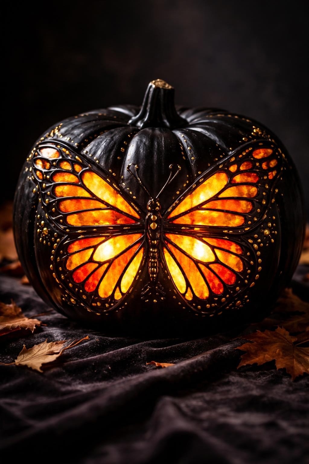 Image Prompt: A smooth black-painted pumpkin decorated with a large glowing monarch butterfly in stained-glass style, butterfly wings formed with raised black outlines and translucent orange, amber, red, and gold sections, light shining through from inside the pumpkin, symmetrical wing pattern wrapping across the front, small metallic gold accents, polished finish, elegant contest display on dark velvet with scattered autumn leaves, dramatic side lighting, realistic DSLR photography, crisp texture, high detail, no people, no text.