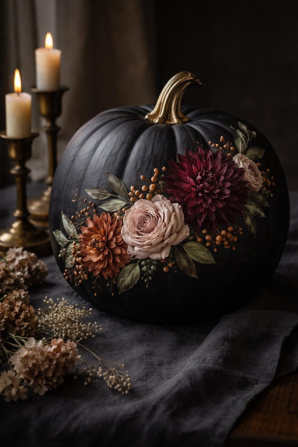 Image Prompt: A smooth matte-black pumpkin hand-painted with large moody autumn florals, deep burgundy dahlias, rust chrysanthemums, muted blush roses, olive leaves, and tiny golden berries wrapping diagonally across the front, short antique-gold stem, displayed on dark linen beside dried flowers and brass candleholders, soft directional window light, realistic DSLR photography, crisp brushwork, elegant editorial fall styling, no people, no text.