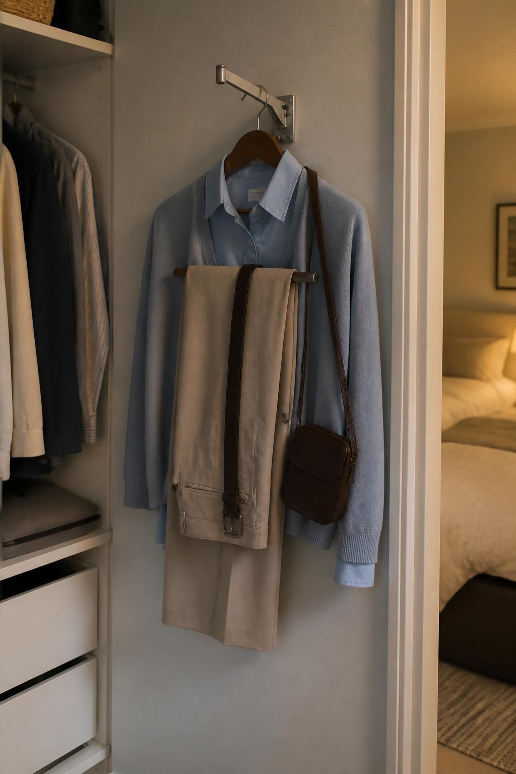 Image prompt: Small fold-out valet hook attached to the inside wall of a closet, holding a neatly prepared outfit with beige trousers, a soft blue shirt, lightweight cardigan, belt, and small crossbody bag, photographed in gentle evening light with natural iPhone photo quality, believable home bedroom, authentic fabric drape, uncomplicated closet background, no person, no visible brands, no watermarks on images.
