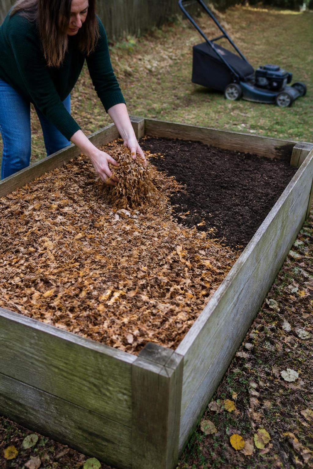 Image Prompt: A realistic raised vegetable bed in late fall being covered with an even layer of finely shredded brown and gold leaves, one side showing exposed compost-rich soil and the other already mulched, a gardener spreading the leaves by hand, a lawn mower with a collection bag softly visible in the background where leaves were shredded, weathered wooden bed frame, soft cool afternoon light, natural backyard setting, accurate leaf texture and mulch depth, DSLR photography, 45-degree angle, no text.