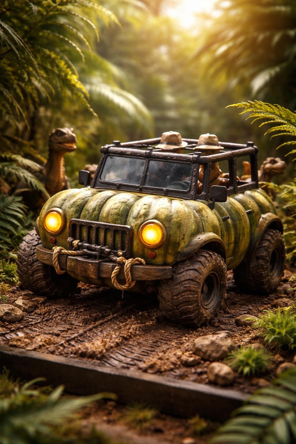 Image Prompt: A wide olive-green pumpkin transformed into a playful prehistoric safari jeep, black painted windshield, yellow headlights, chunky wheels, open roof, tiny explorer hats and binoculars inside, miniature dinosaurs peeking through tall ferns around the vehicle, muddy tire tracks across the display base, adventurous jungle setting, warm cinematic daylight, realistic DSLR craft photography, detailed construction, no people, no readable text.