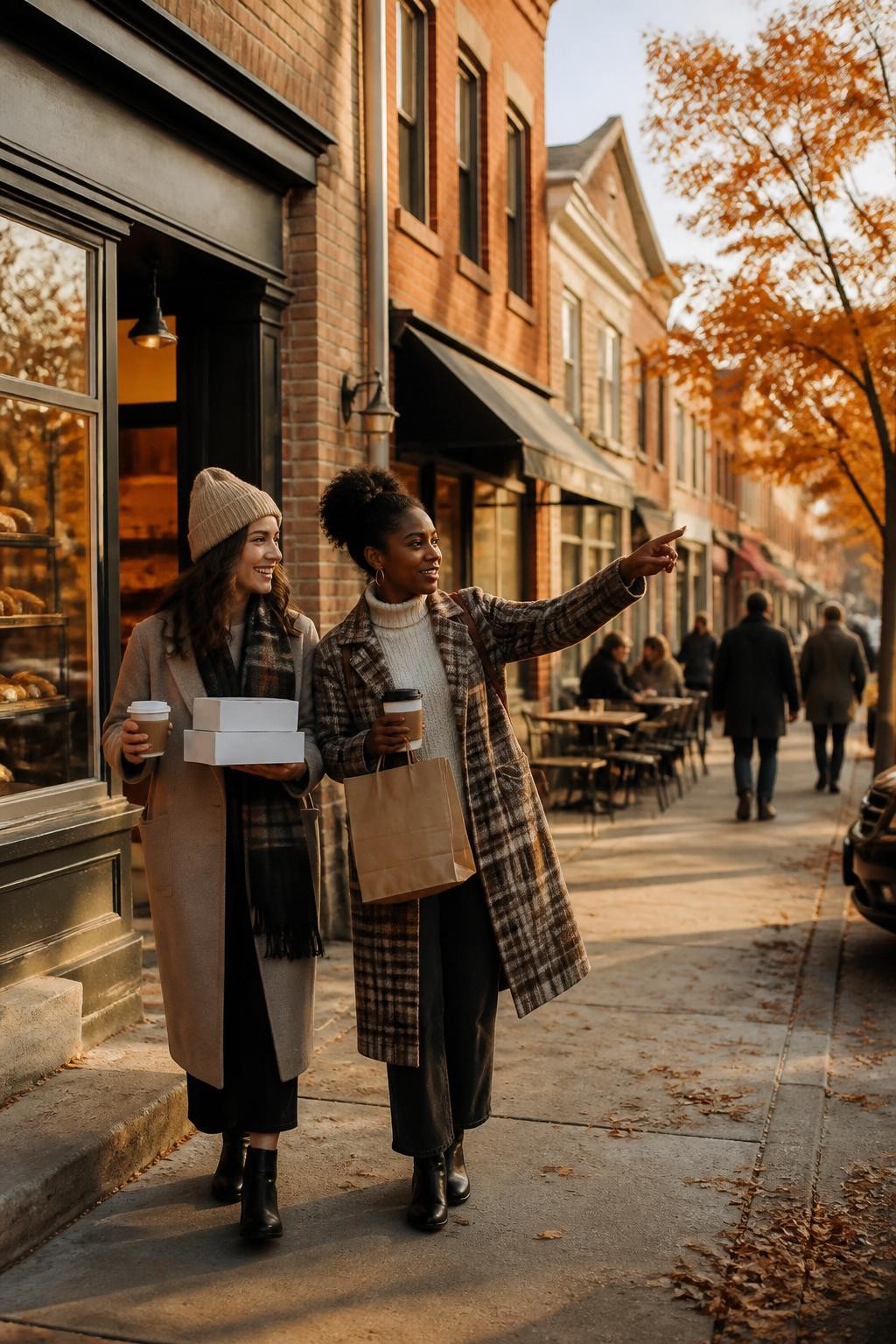 Image Prompt: A charming small-town main street during fall with brick buildings, amber leaves, and a few independent bakeries and cafés, a pair of friends walking with pastry boxes and warm drinks, one Black woman in a plaid coat holding a paper bag while pointing toward the next stop, quiet street activity, soft morning light, inviting storefront windows, editorial travel food photography, 35mm lens, no readable business names, no text overlay.