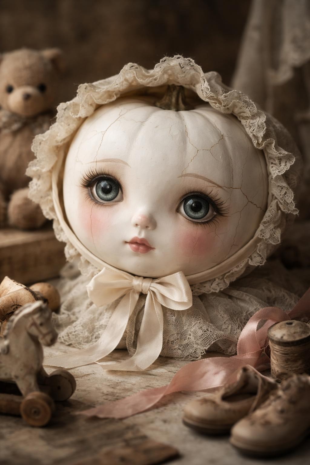 Image Prompt: A pale white pumpkin painted as a delicate vintage porcelain doll face, large glassy blue-gray eyes, fine lashes, softly blushed cheeks, tiny rosebud lips, subtle hairline cracks painted across the surface, cream lace bonnet tied beneath the pumpkin, antique toys and faded ribbon nearby, slightly eerie storybook mood, soft diffused lighting, realistic DSLR photography, no people, no text.