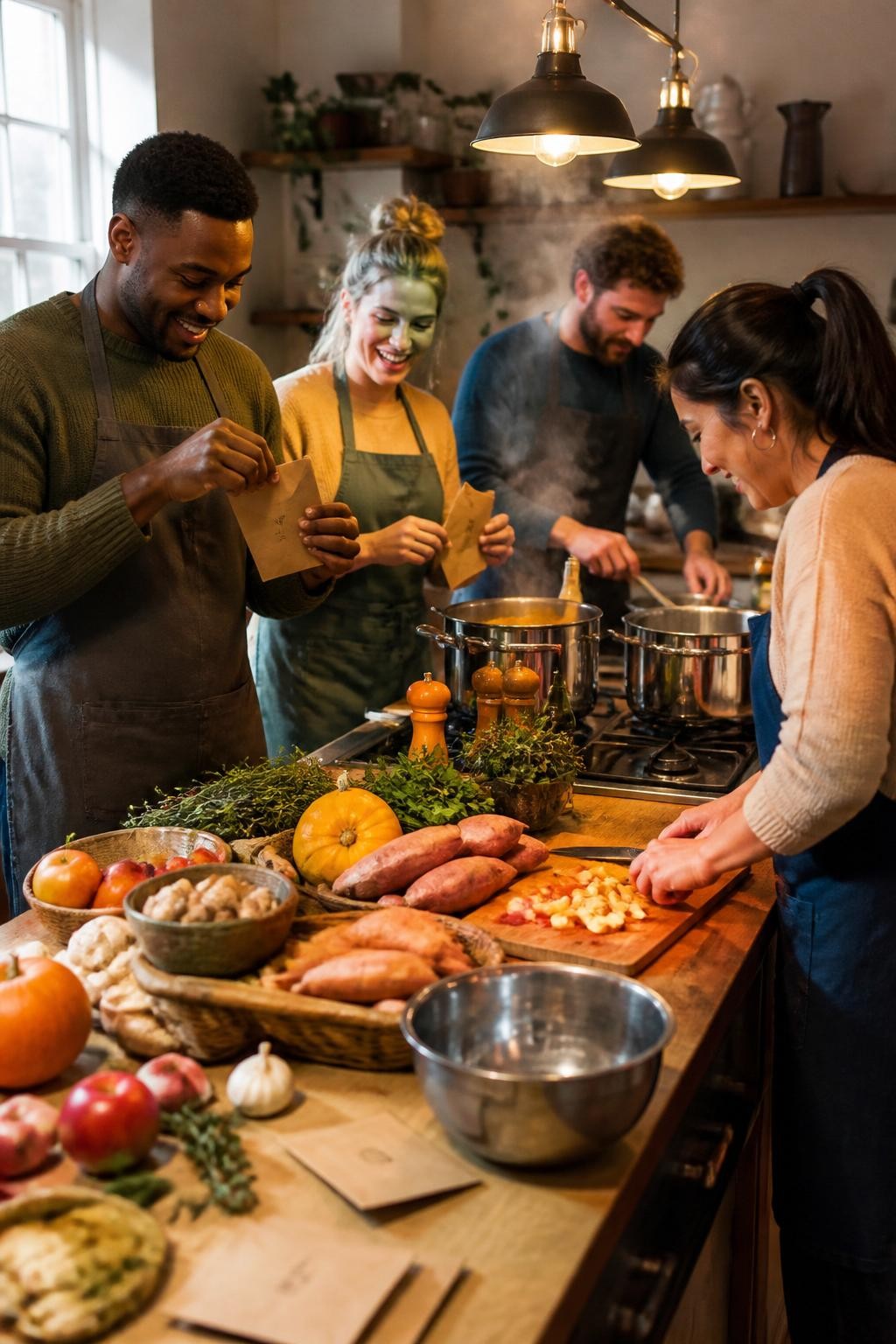 Image Prompt: A warm home kitchen prepared for a friendly soup challenge, two large cooking stations holding seasonal ingredients such as squash, carrots, mushrooms, sweet potatoes, herbs and apples, ingredient cards hidden inside small kraft envelopes, four friends wearing casual aprons and sweaters, a Black man opening an envelope while another participant chops vegetables at a safe distance, steam rising from saucepans, natural kitchen clutter and food spills, warm pendant lighting, detailed editorial DSLR food photography, 50mm lens, no readable cards, no text.