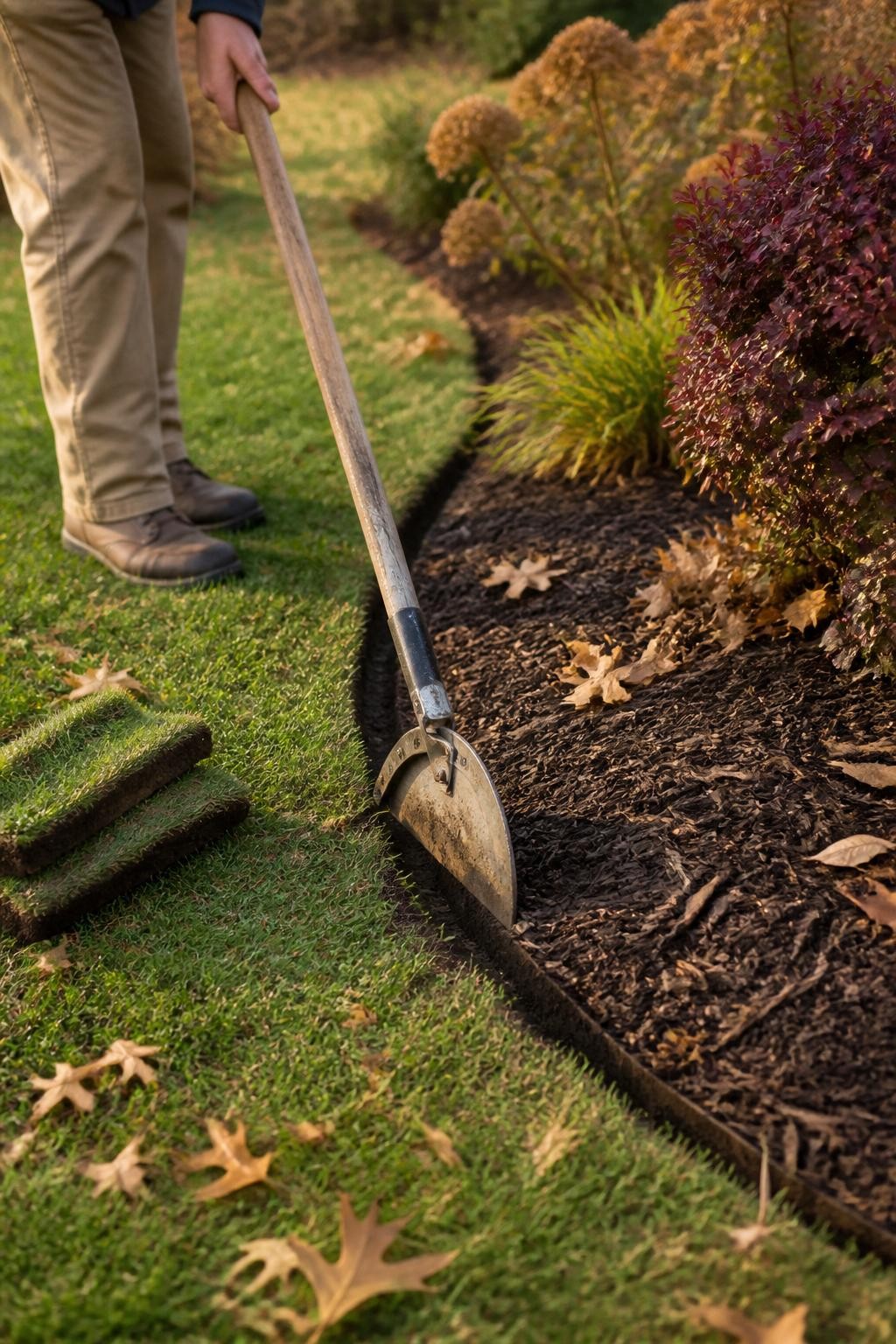 Image Prompt: A realistic close view of a lawn edge being cleaned in fall with a half-moon edging tool, creating a crisp natural boundary between healthy grass and a curved garden bed covered with dark mulch, cut strips of turf placed neatly nearby, burgundy shrubs and fading perennials in the background, scattered copper-colored leaves, soft golden afternoon light, achievable home landscaping, high-detail DSLR photography, 50mm lens, no text.