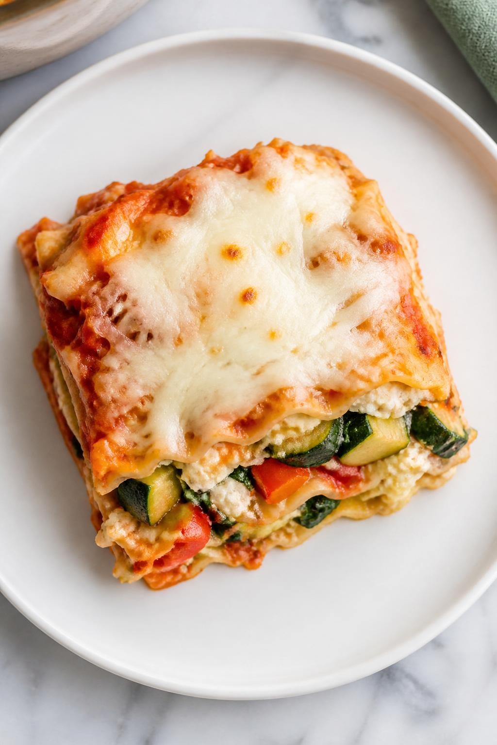 Photo prompt: Realistic top-down editorial food photography of a square slice of vegetable lasagna on a white plate. Layers of curly lasagna noodles, tomato sauce, ricotta cheese, and visible chunks of zucchini, spinach, and bell peppers. A sprinkle of melted mozzarella on top. Bright natural light, hearty and vegetarian make-ahead meal mood, no people, no hands, no text, no watermarks, no props with writing.