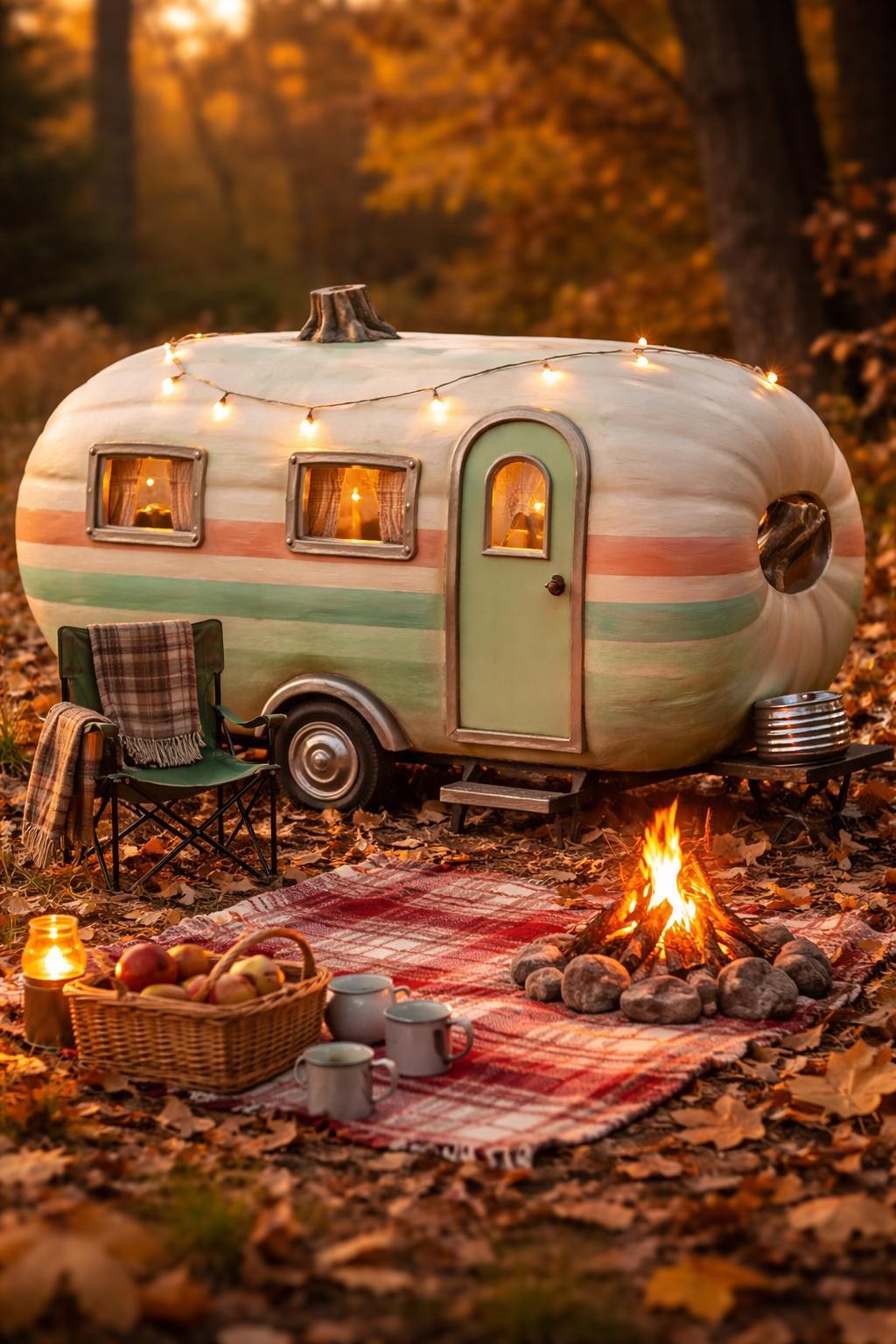 Image Prompt: A long white pumpkin transformed into a miniature retro camper trailer, rounded body with mint green and peach stripes, tiny curtained windows, small door, silver wheel covers, miniature string lights, folding chair, picnic basket, plaid blanket, little campfire made from twigs and glowing LED lights, cozy autumn campsite setting, realistic handcrafted details, golden-hour lighting, editorial DSLR photography, no people, no readable text.