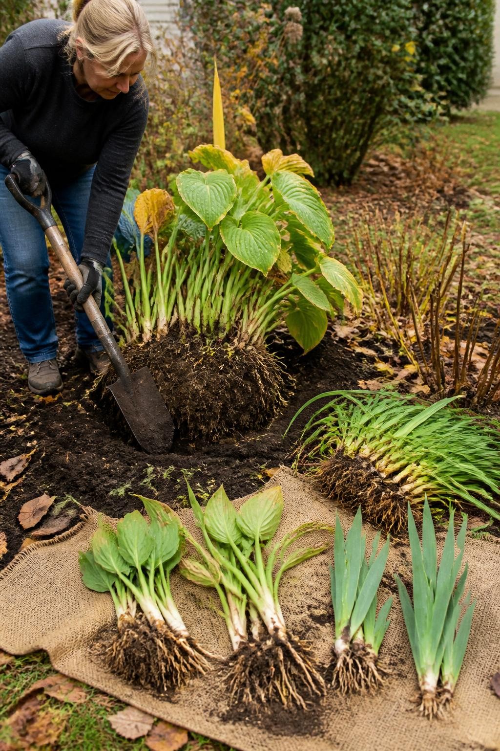 Image Prompt: A realistic fall flower garden renovation showing a gardener lifting and dividing a large crowded hosta clump with a sharp garden spade, several healthy root divisions resting on burlap beside the bed, nearby daylilies and irises waiting to be separated, dark freshly loosened soil, faded perennials and fallen leaves in the background, soft diffused afternoon light, accurate root structure and plant scale, practical residential garden project, editorial DSLR photography, 50mm lens, no text.