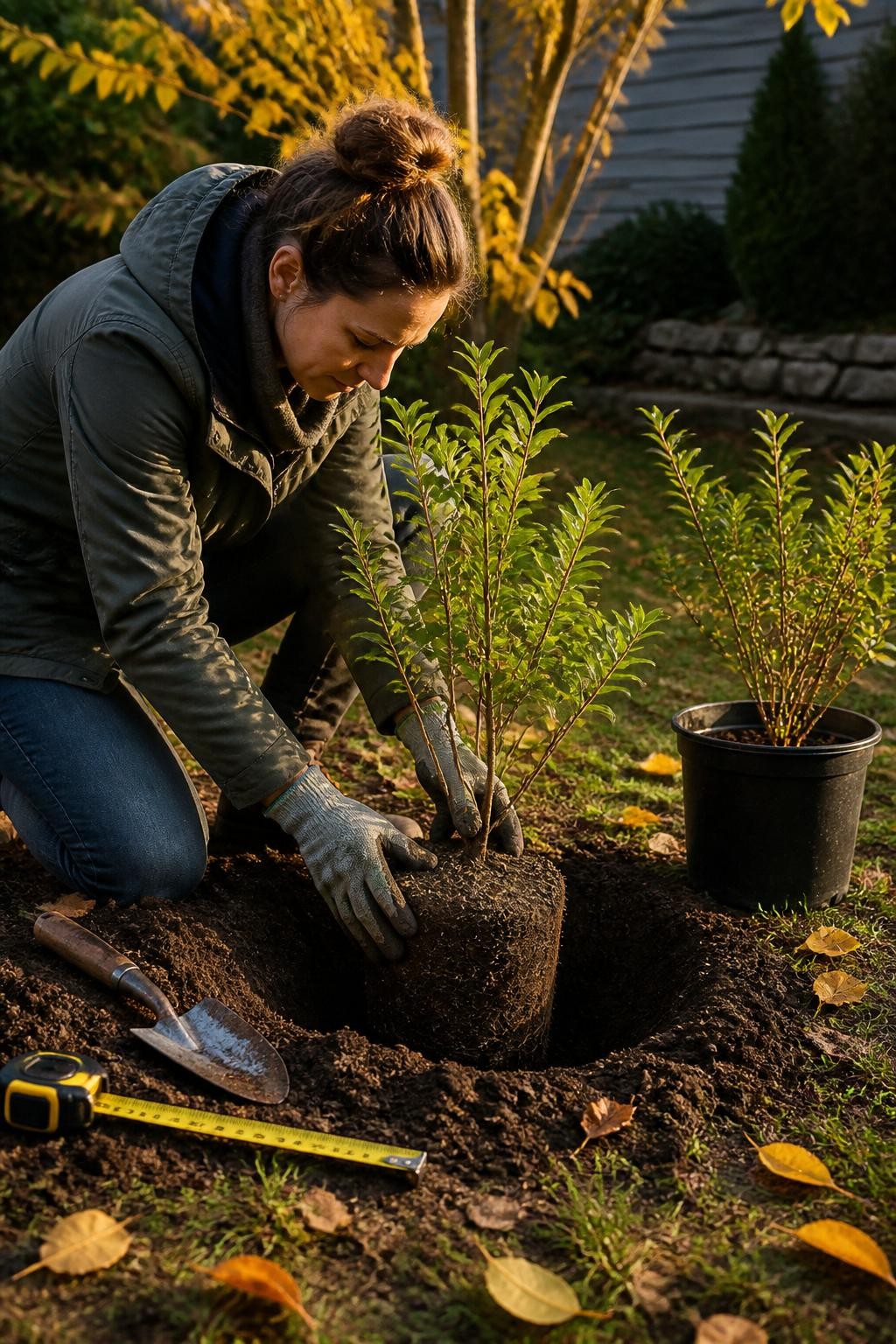 Image Prompt: A realistic fall planting scene showing a gardener placing a young shrub into a properly prepared hole several weeks before winter, roots loosened naturally and the top of the root ball level with the surrounding soil, a second unplanted shrub still in its nursery pot nearby, dark moist soil, measuring tape and garden spade beside the hole, scattered yellow leaves, warm low-angle sunlight, realistic home garden setting, editorial DSLR photography, 45-degree view, no text.