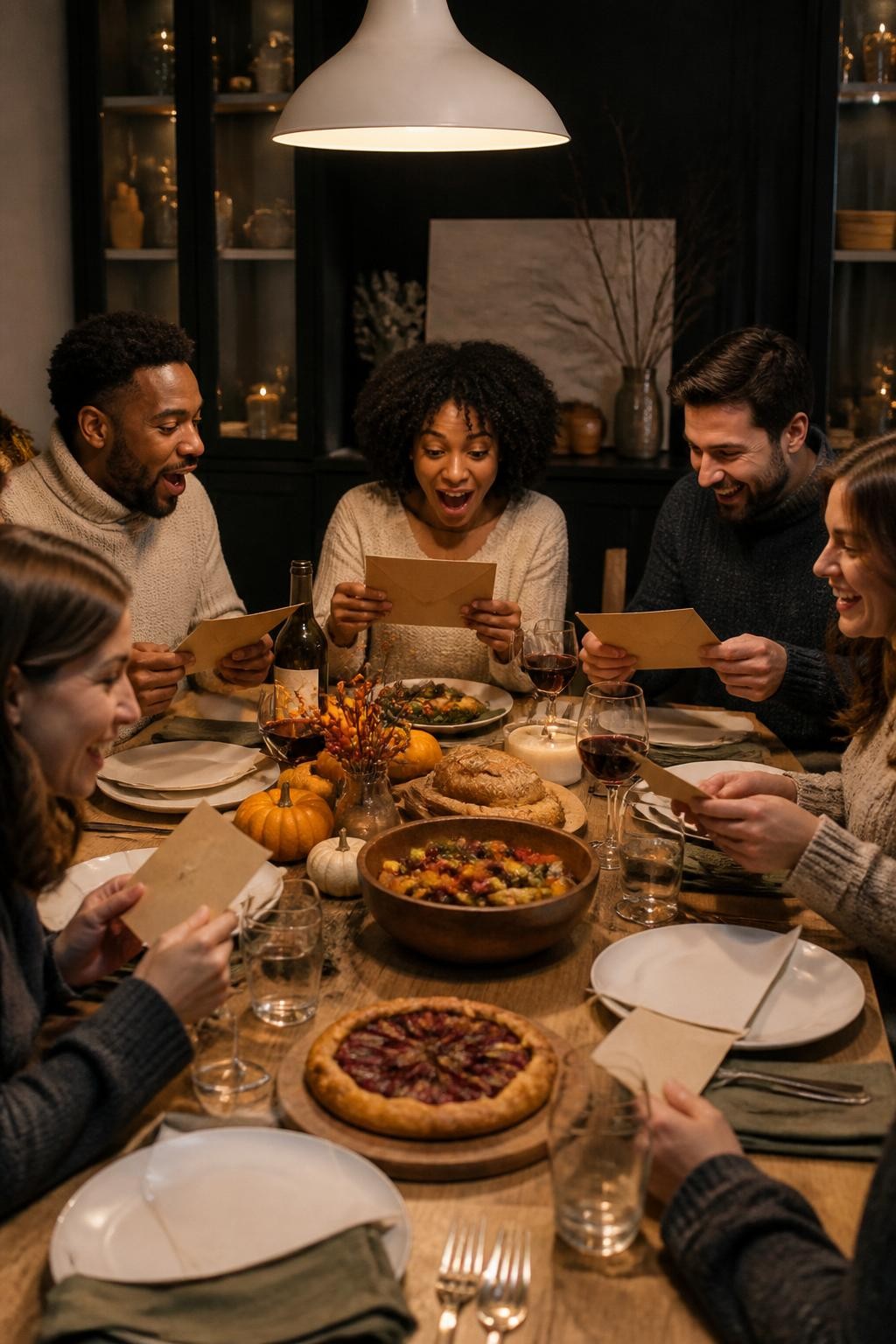 Image Prompt: Six adults gathered around a fall dinner table while opening sealed envelopes containing mystery cooking assignments, bowls of roasted vegetables, baked bread and a rustic fruit tart already served, one Black couple seated across from each other, guests wearing relaxed evening sweaters, warm pendant lighting, linen napkins, small pumpkins and branches used sparingly as décor, genuine surprise and laughter, realistic editorial DSLR photography, no readable words, no text overlay.