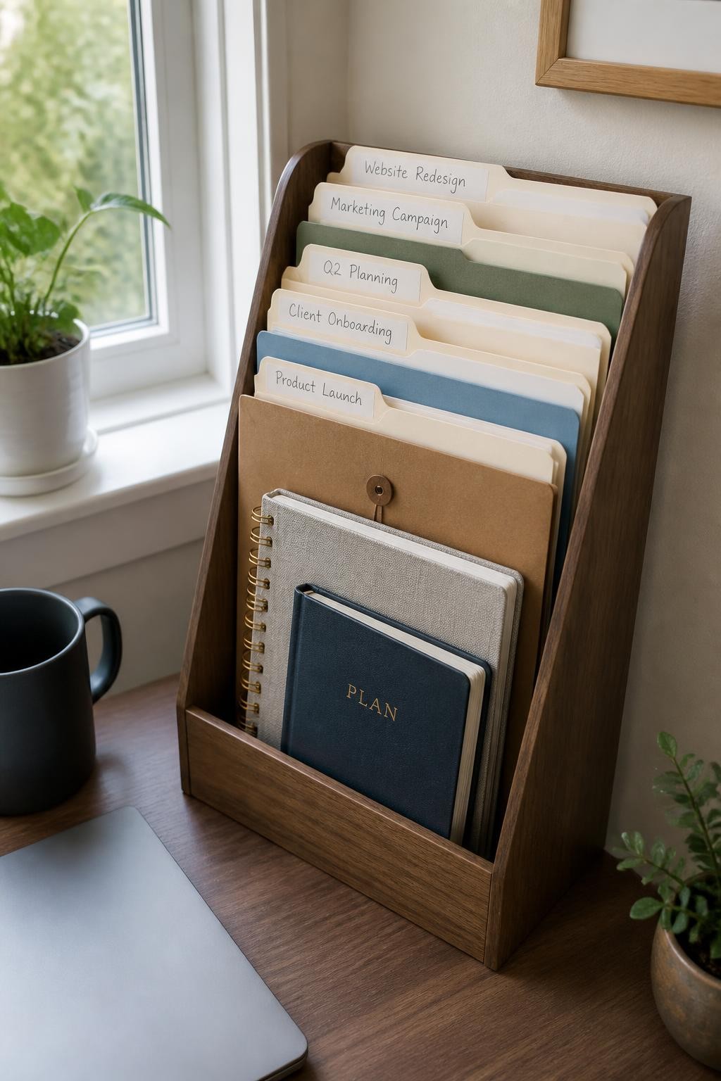 Image prompt: Desk corner with a slim wooden vertical file holder containing five active project folders, a notebook, a planner, and one document envelope, subtle handwritten labels on folder tabs, photographed with natural iPhone photo quality, bright side light from a nearby window, realistic paper edges and everyday home office furniture, tidy but approachable, no people, no watermarks on images.
