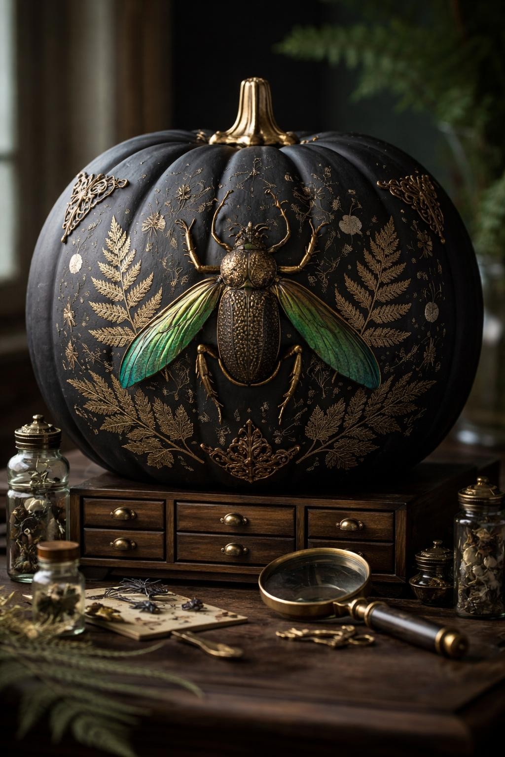 Image Prompt: A matte black pumpkin designed like a natural history museum display, large ornate beetle centered on the front with metallic emerald wings, gold legs, fine textured body, surrounded by pressed fern shapes, tiny botanical illustrations, antique brass corner details, small specimen drawers and magnifying glass arranged at the base, elegant scholarly atmosphere, moody natural light, realistic DSLR photography, extremely detailed craft finish, no people, no readable text.