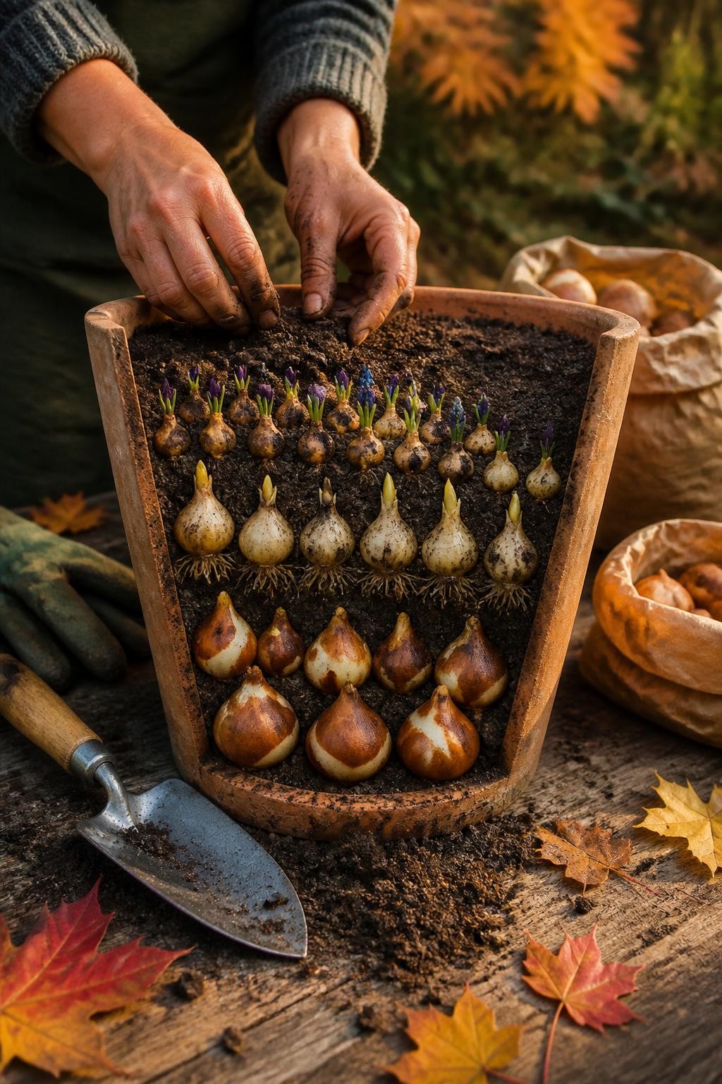 Image Prompt: A realistic autumn gardening scene showing a large weathered terracotta pot being planted with layered spring bulbs, visible cross-section style arrangement with large tulip bulbs at the bottom, daffodil bulbs in the middle, and small crocus and grape hyacinth bulbs near the top, loose potting soil, garden gloves, a small metal hand trowel and paper bulb packets nearby, fallen maple leaves on a wooden potting bench, warm late-afternoon natural light, earthy colors, authentic soil texture, slight dirt on the gardener’s hands, editorial DSLR garden photography, 50mm lens, detailed and practical, no text.
