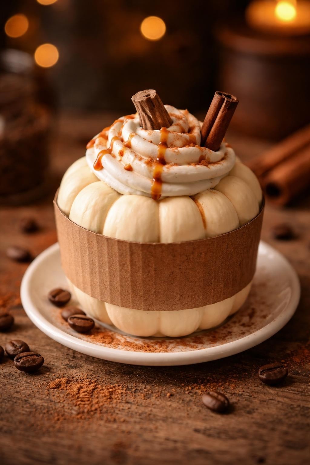 Image Prompt: A small cream pumpkin styled as a cozy pumpkin spice latte, tiny cardboard cup sleeve around the middle, whipped cream swirl made from white clay around the stem, cinnamon stick tucked into the top, small caramel drizzle, miniature saucer beneath, scattered coffee beans and cinnamon powder, warm café mood, realistic DSLR photography, crisp handcrafted texture, no people, no readable text.
