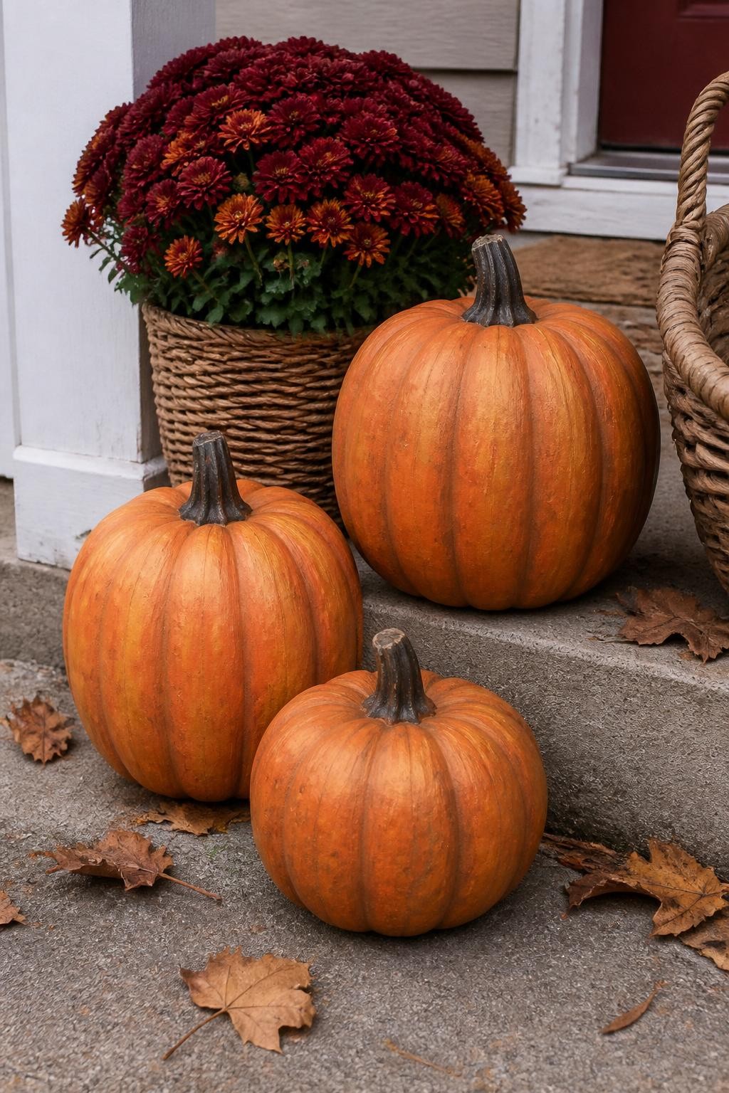 Horizontal 16:9 casual iPhone photograph of three inexpensive faux pumpkins repainted in natural layered orange tones, darker rust shading inside the grooves, soft golden highlights across the raised ridges, matte finish, realistic brown stems, arranged on covered porch steps beside a woven basket, potted mums, and scattered dry leaves, cloudy autumn daylight, believable home setting, subtle brush texture, no glossy plastic surface, no text.