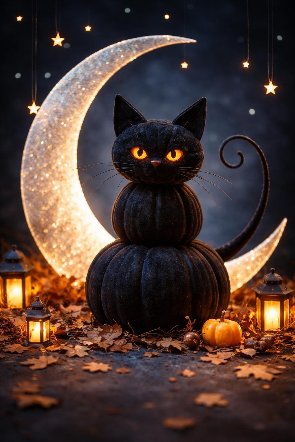 Image Prompt: Three stacked pumpkins transformed into a whimsical black cat sitting beneath a crescent moon, bottom pumpkin forming the body, smaller pumpkin forming the head with pointed felt ears, curved wire tail, bright amber eyes, soft black velvet texture, oversized silver crescent moon rising behind the cat, tiny stars suspended on thin clear threads, scattered autumn leaves and miniature lanterns, playful elegant contest display, dark blue background, realistic DSLR photography, detailed handmade finish, no people, no text.