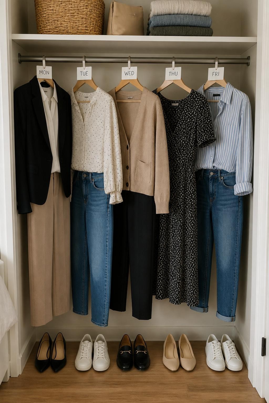 Image prompt: A compact closet section prepared with five complete weekday outfits hanging together on matching wooden hangers, including casual workwear, jeans, a cardigan, a simple dress, and one relaxed Friday outfit, small weekday tags attached discreetly to hanger hooks, modern iPhone photo quality, early morning light, natural fabric texture, ordinary functional bedroom closet, shoes placed below each outfit, no model, no visible brands, no watermarks on images.
