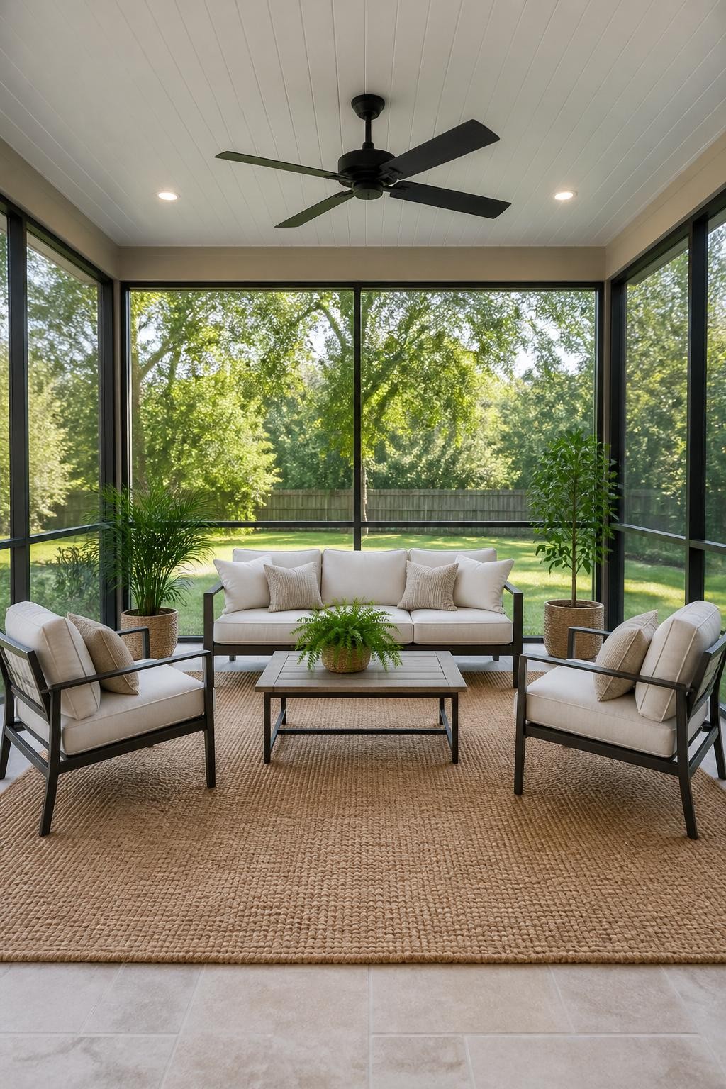 Image Prompt: A comfortable screened in patio with a black ceiling fan, outdoor sofa and two chairs, large neutral rug, potted greenery, light stone floor, white ceiling, black screen frames, open backyard view, bright airy outdoor room, no people, realistic DSLR image, no text, no watermarks on images.