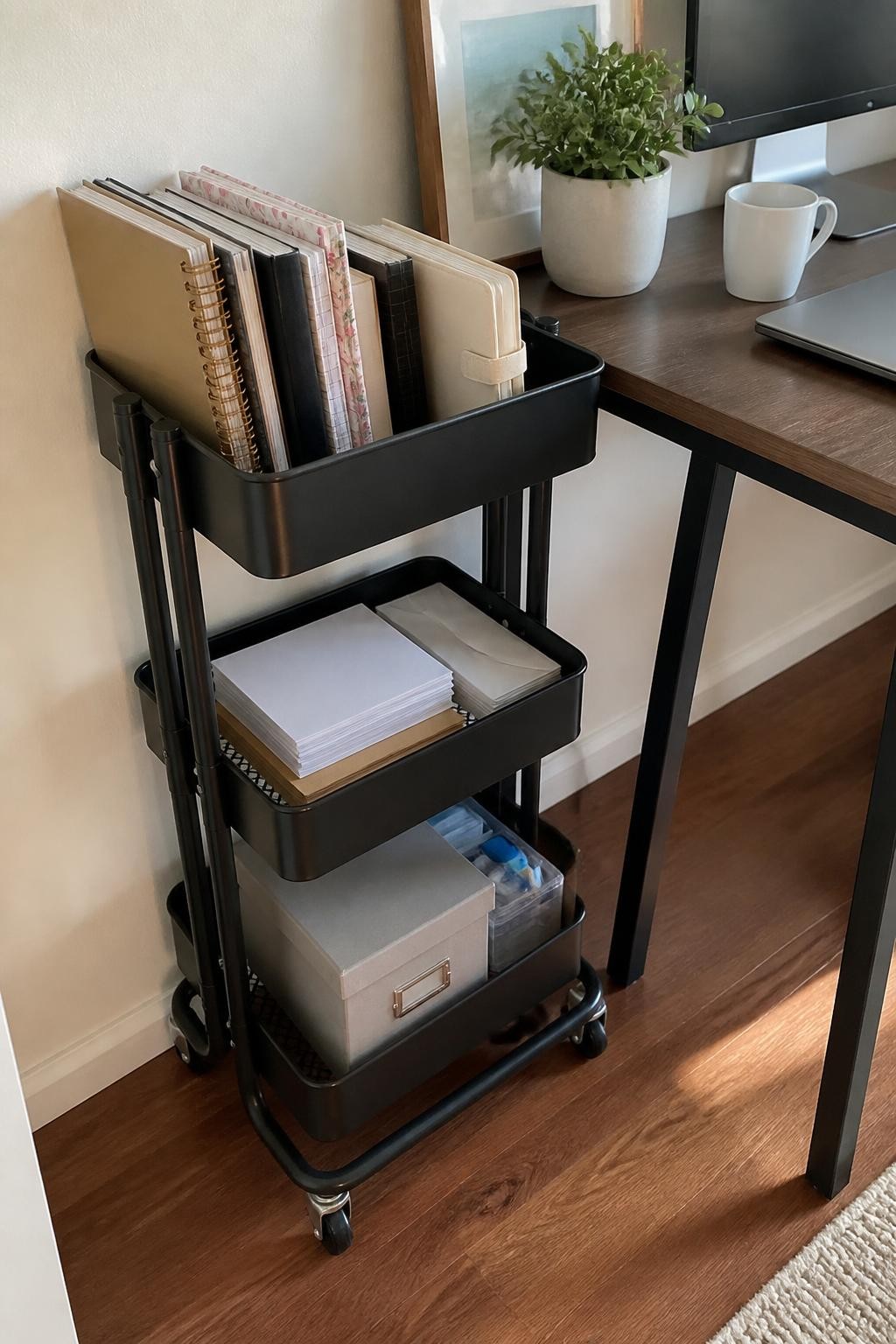 Image prompt: Narrow three-tier rolling cart positioned beside a small home office desk, top shelf holding notebooks and a planner, middle shelf holding printer paper and envelopes, lower shelf holding a document box and spare supplies, photographed with natural iPhone photo quality, soft morning light, realistic metal and paper textures, ordinary apartment workspace, no people, no visible branding, no watermarks on images.