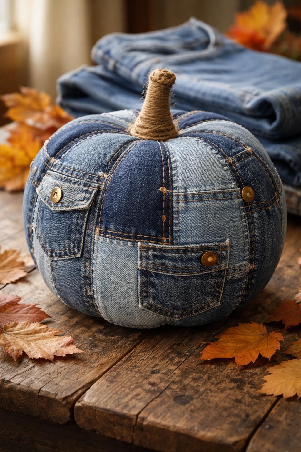 Image Prompt: A medium fake pumpkin covered in patchwork denim pieces, mixed light and dark blue fabric panels fitted between the ridges, visible white stitch lines, small pockets, brass buttons, frayed edges, jute-wrapped stem, displayed with folded jeans fabric and autumn leaves on a rustic table, soft natural light, realistic DSLR photography, rich fabric texture, no people, no text.