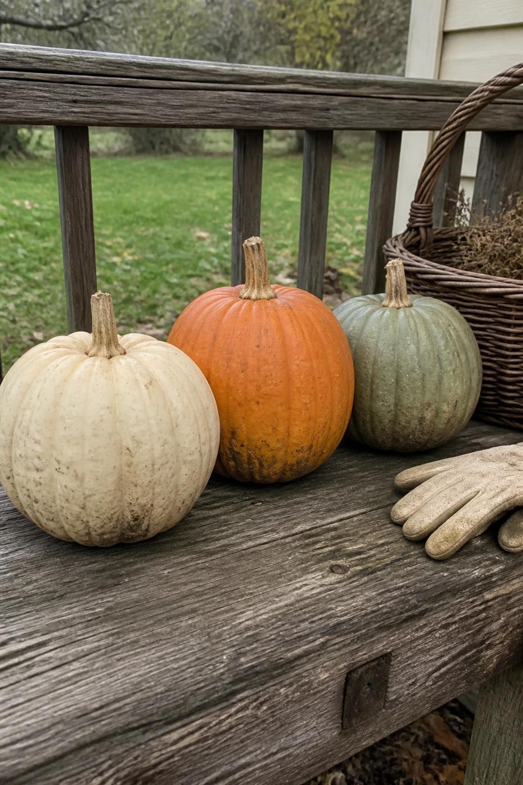Horizontal 16:9 casual iPhone camera photo of three realistically painted faux pumpkins in cream, orange, and sage with subtle dried mud stains around their lower surfaces, tiny brown speckles, matte finishes, and rough stems, sitting on a weathered wooden porch bench beside gardening gloves and a wicker basket, cloudy natural daylight, believable recently harvested appearance, no excessive dirt, no text.