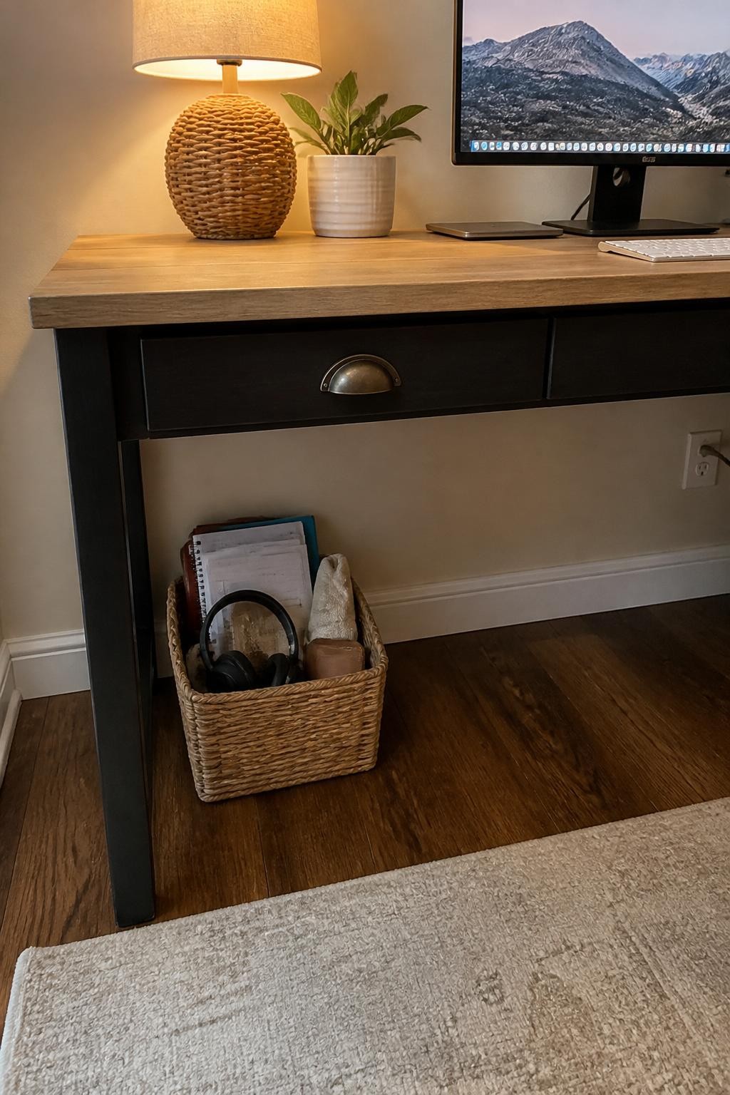 Image prompt: Small woven basket tucked neatly beneath the side of a home office desk, holding a notebook, loose papers, headphones, and two items waiting to be returned to another room, photographed with natural iPhone photo quality, warm evening light, realistic household textures, organized but lived-in workspace, plenty of clear legroom, no people, no watermarks on images.