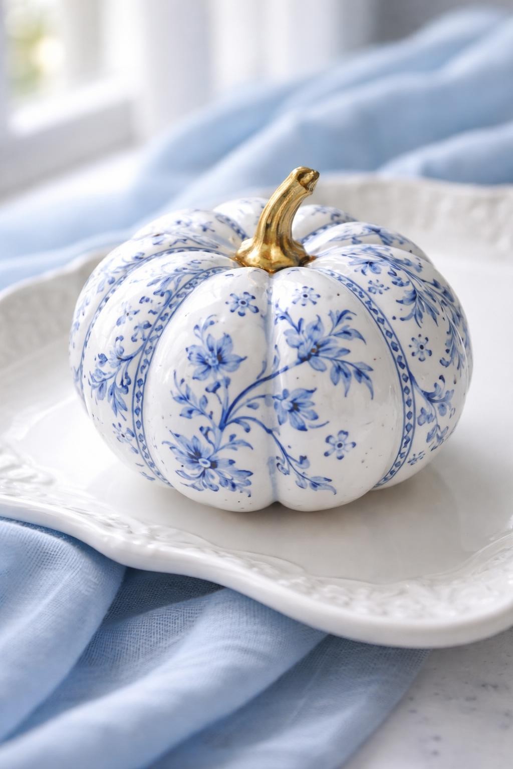 Image Prompt: A smooth white mini pumpkin hand-painted in classic blue-and-white porcelain style, delicate vines, small flowers, curved leaves, and fine ornamental borders following the pumpkin ridges, short gold-painted stem, elegant display on a white ceramic tray, soft blue fabric beneath, bright diffused natural light, editorial DSLR photography, extremely crisp painted details, no people, no text.
