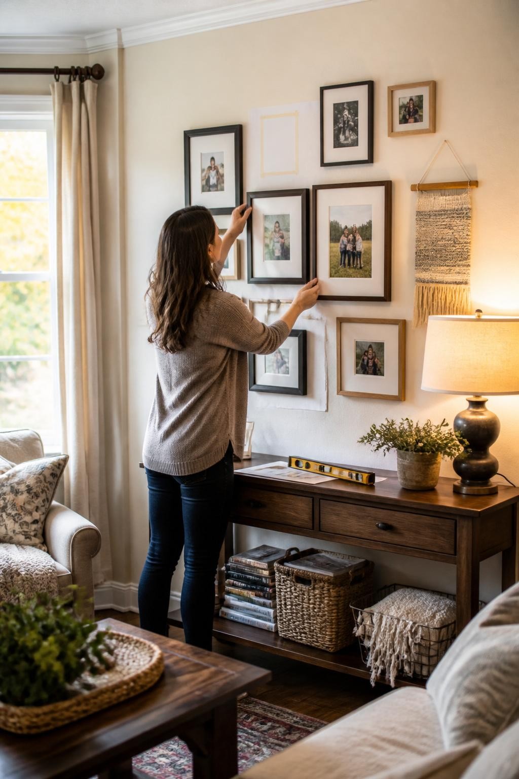 Image Prompt: A photorealistic living-room photograph showing a homeowner completing a balanced gallery wall above a console table, arranging a mix of framed family photographs, small art prints, and one textured textile piece using paper templates and a spirit level, warm cream wall, wooden furniture, soft lamp light and natural fall daylight, accurate hand positions and frame scale, professional full-frame DSLR photography using a 50mm lens, refined but personal home editorial styling, no readable private details, no commercial artwork, no text, no watermarks on images.