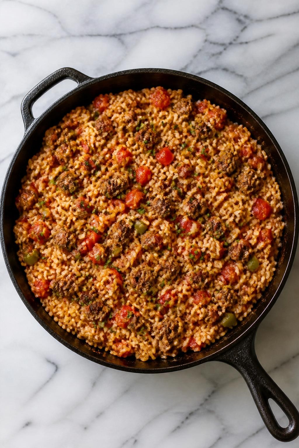 Image Prompt: Top-down realistic editorial food photography of a homemade Italian sausage and rice skillet on a clean white and gray marble countertop, fluffy rice cooked with browned Italian sausage, diced tomatoes, bell peppers, and herbs in a rustic skillet, warm simple homemade dinner mood, natural window lighting, soft shadows, clean composition, high detail, no people, no hands, no text, no watermarks, no props with writing.
