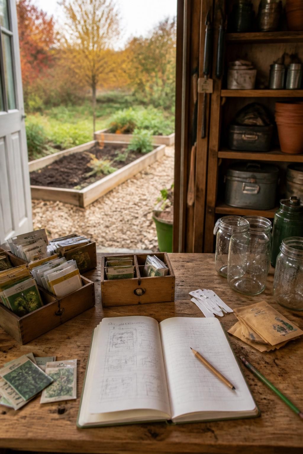 Image Prompt: A realistic fall garden planning station inside an organized shed, a wooden table holding labeled seed packets, small storage boxes, an open garden notebook with hand-drawn bed sketches, pencils, plant labels, envelopes for saved seeds, and clean glass jars, a view through the open shed door showing mulched raised beds and autumn foliage, soft natural daylight, slight soil marks and paper creases, practical working setup rather than styled office decor, DSLR photography, 50mm lens, no readable text.