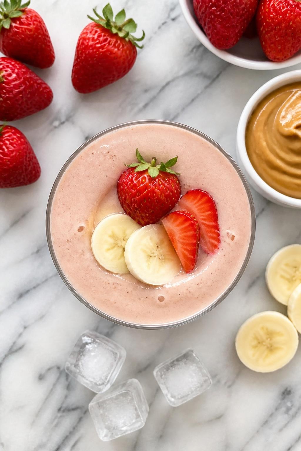 Realistic top-down food photography of a creamy peanut butter strawberry smoothie in a clear glass on a clean white and gray marble countertop. The smoothie is soft pink-beige, thick, and smooth, styled with fresh strawberries, banana slices, peanut butter in a plain small dish, and a few ice cubes nearby. Bright natural window lighting, clean fruity breakfast styling, realistic smoothie texture, high detail, no people, no hands, no text, no watermarks, no props with writing.