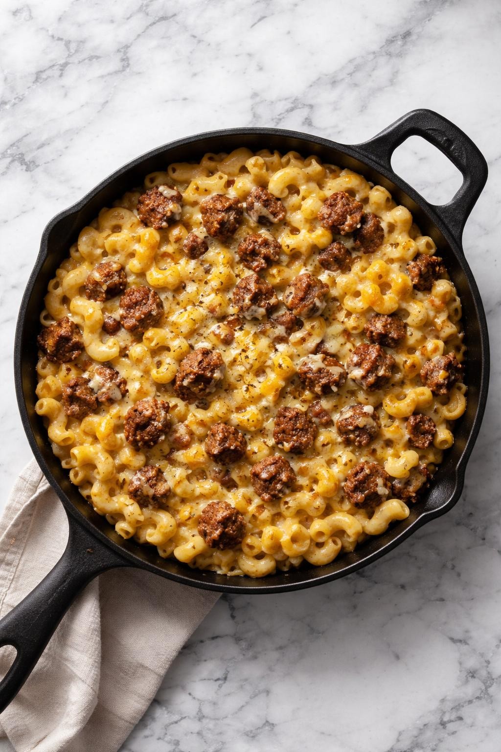 Prompt: Top-down realistic editorial food photography of meatloaf mac and cheese skillet on a clean white and gray marble countertop, creamy macaroni and cheese mixed with crumbled leftover meatloaf, melted cheese, and black pepper, warm hearty homemade dinner mood, bright natural window lighting, soft shadows, clean composition, high detail, realistic food texture, no people, no hands, no text, no watermarks, no props with writing.