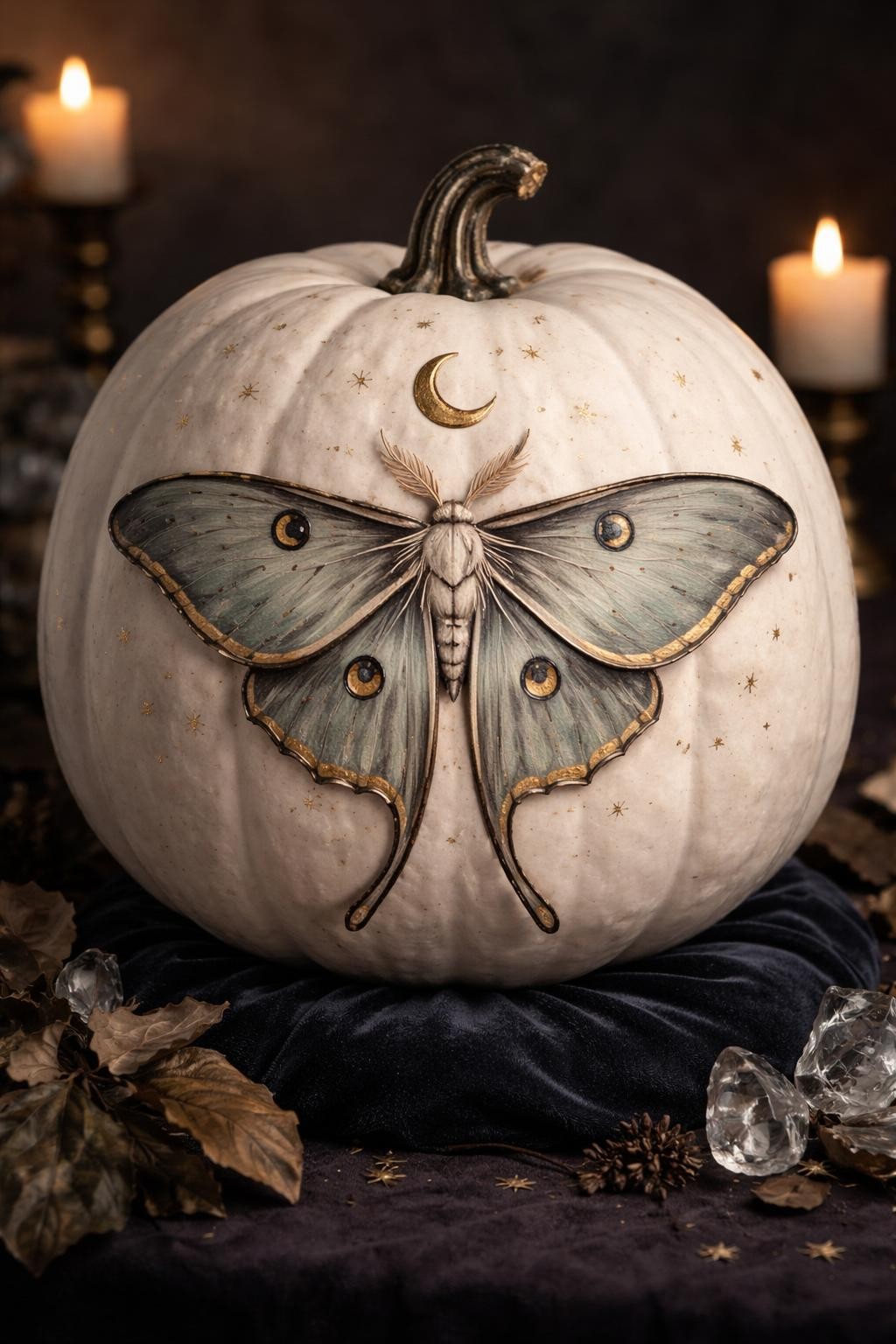 Image Prompt: A large white pumpkin decorated with an oversized detailed lunar moth, wings painted in muted sage, pale gold, charcoal, and dusty blue, fine symmetrical markings, small crescent moon above the moth, tiny gold stars scattered across the pumpkin, raised antennae made from thin wire, dark velvet base, moody soft lighting, realistic DSLR photography, sharp hand-painted detail, no people, no text.