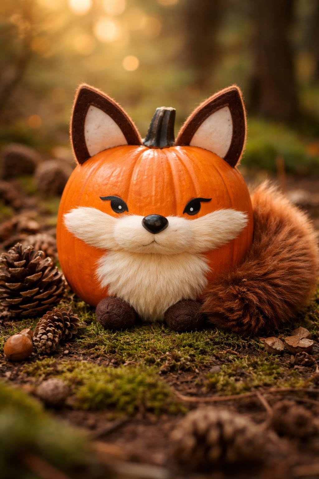 Image Prompt: A medium orange plastic pumpkin transformed into a charming woodland fox, cream painted muzzle and chest, pointed felt ears, black nose, narrow painted eyes, fluffy rust-colored faux-fur tail curling around the side, small felt paws, moss and pinecones at the base, warm forest setting, soft golden light, realistic DSLR photography, detailed handmade finish, no people, no text.
